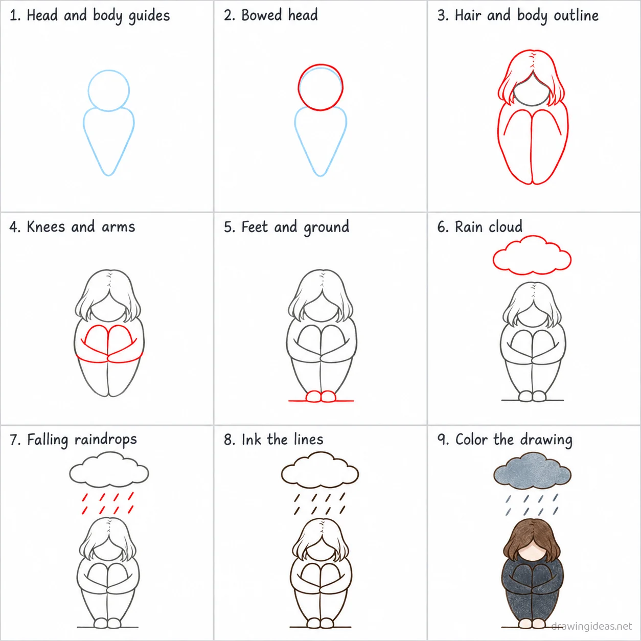 How to draw depression step by step — 9-step depression drawing tutorial sheet