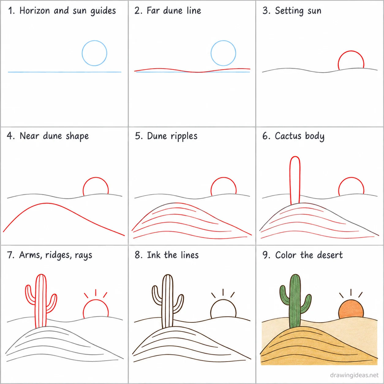 How to draw a desert step by step — 9-step desert drawing tutorial sheet