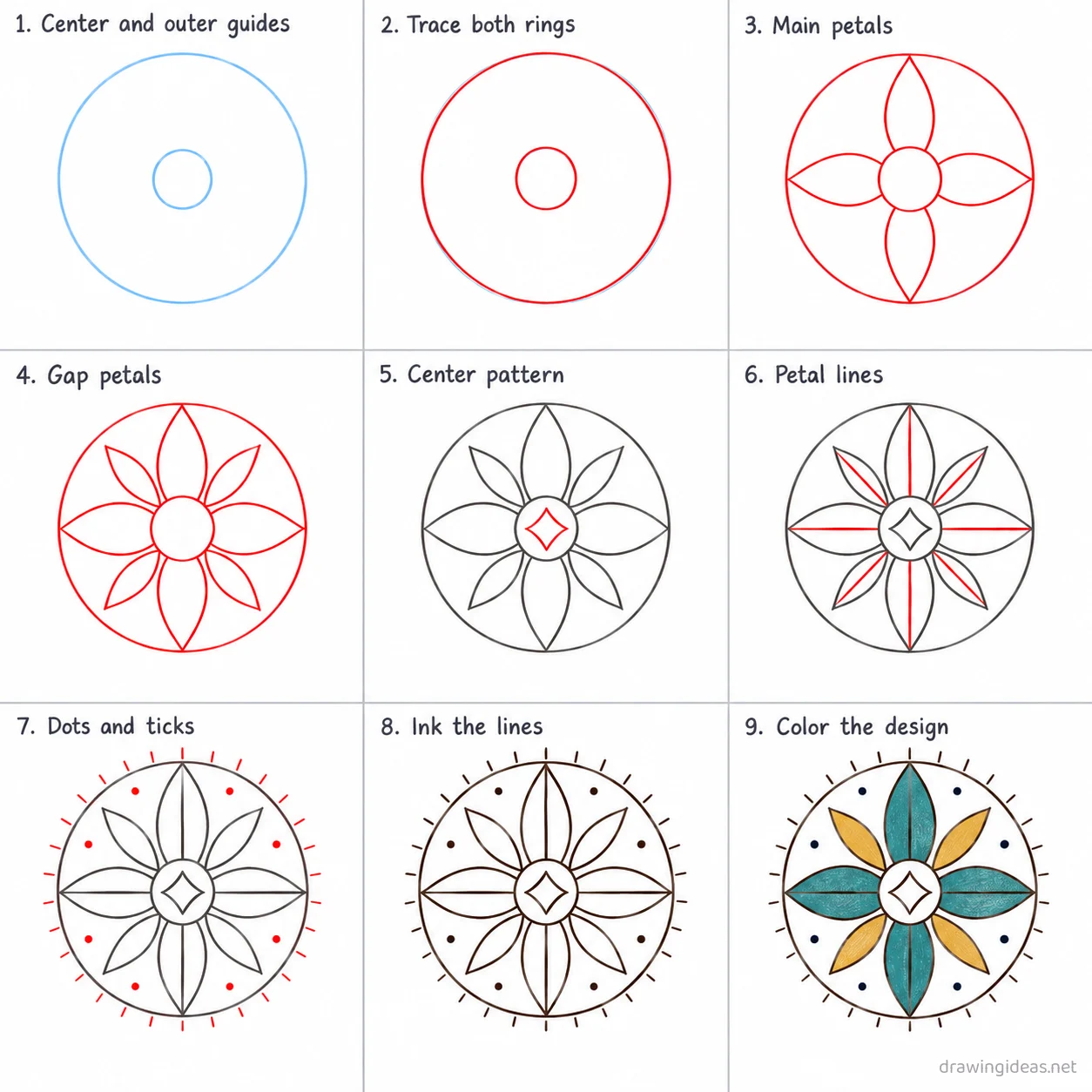 How to draw a design step by step — 9-step design drawing tutorial sheet