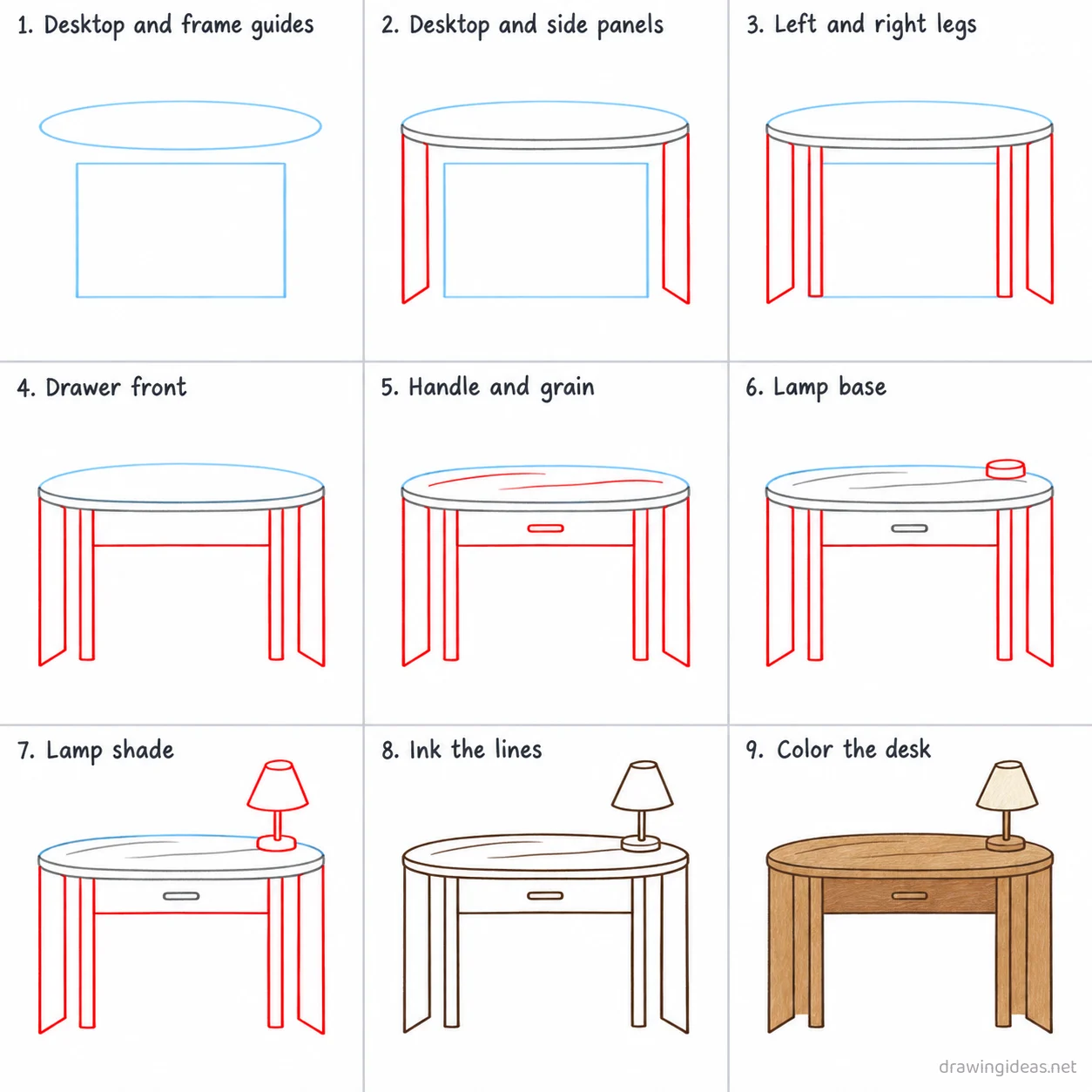 How to draw a desk step by step — 9-step desk drawing tutorial sheet