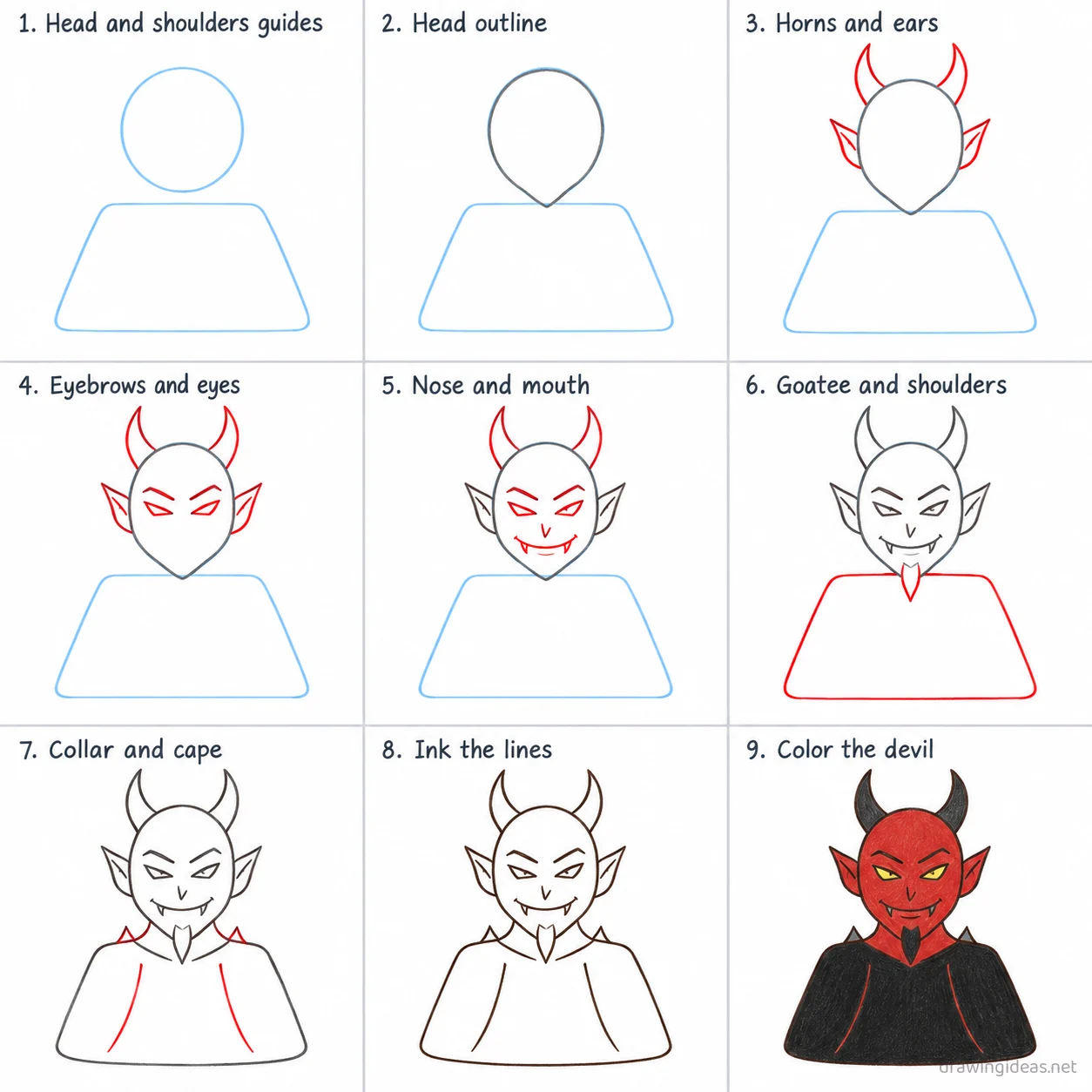How to draw a devil step by step — 9-step devil drawing tutorial sheet