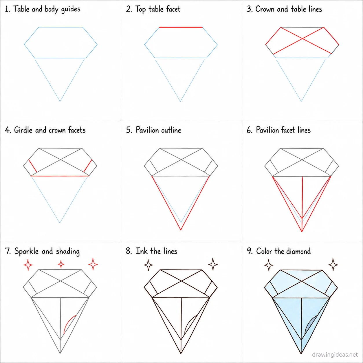 How to draw a diamond step by step — 9-step diamond drawing tutorial sheet