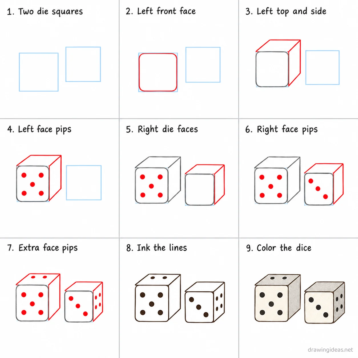 How to draw a dice step by step — 9-step dice drawing tutorial sheet