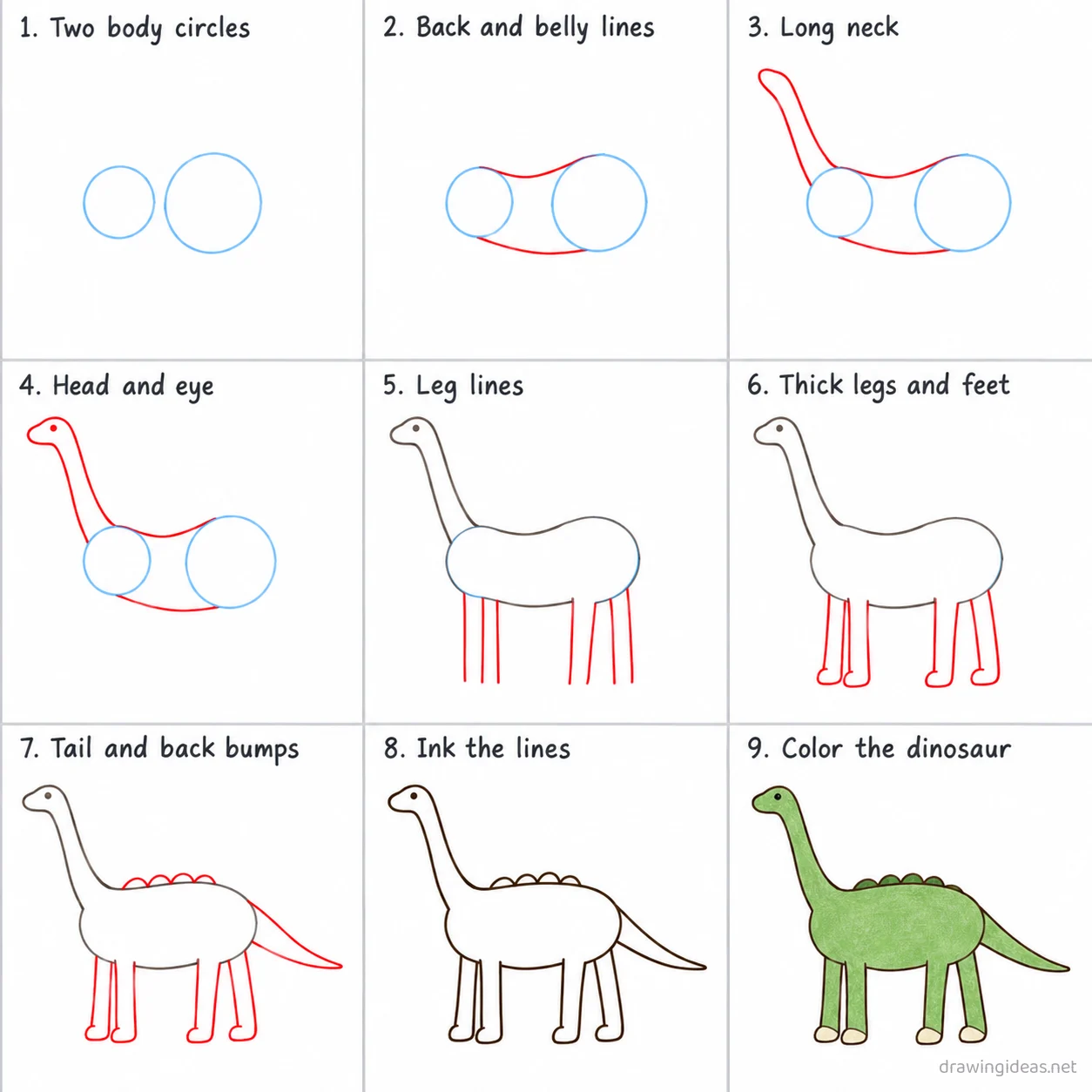 How to draw a dinosaur step by step — 9-step dinosaur drawing tutorial sheet