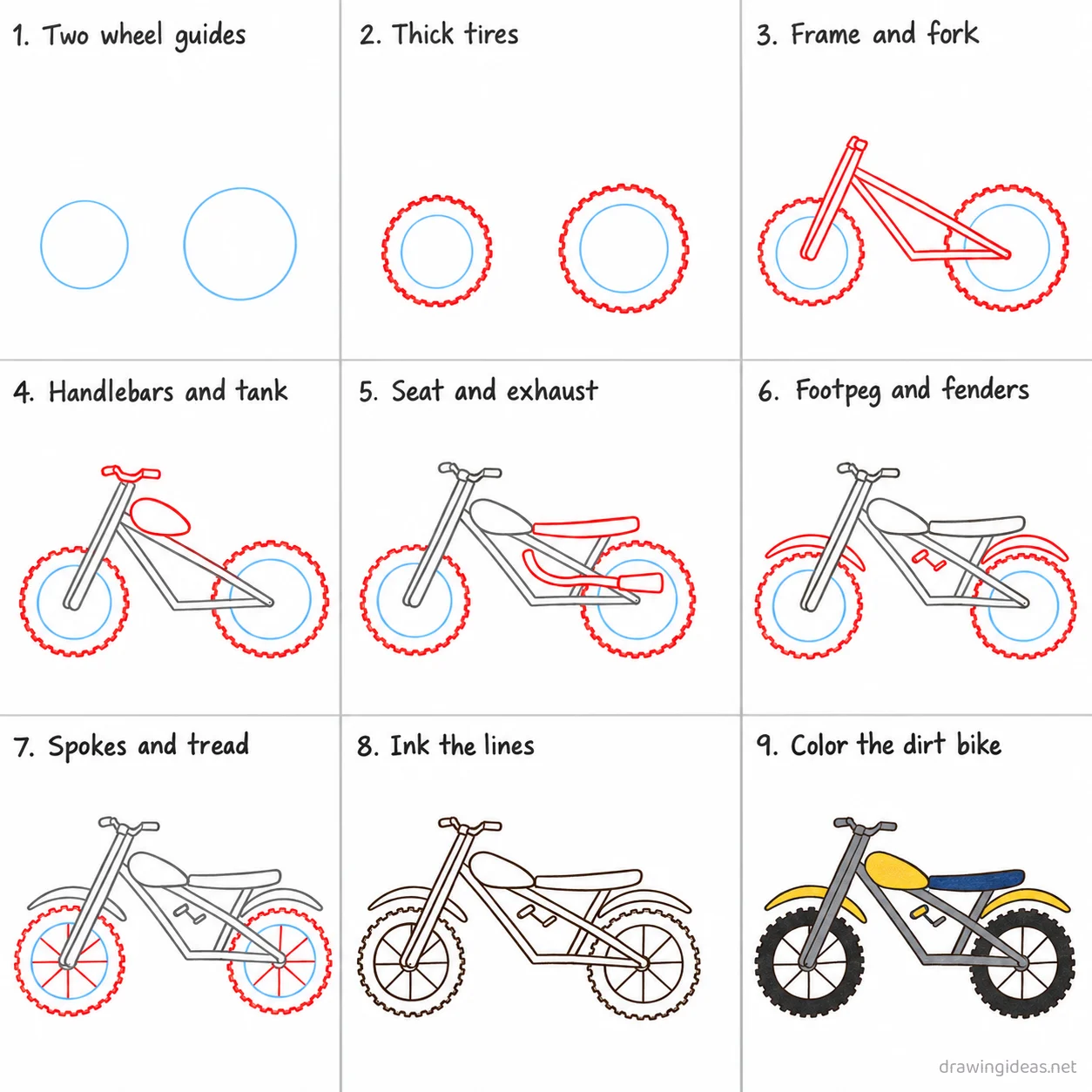 How to draw a dirt bike step by step — 9-step dirt bike drawing tutorial sheet