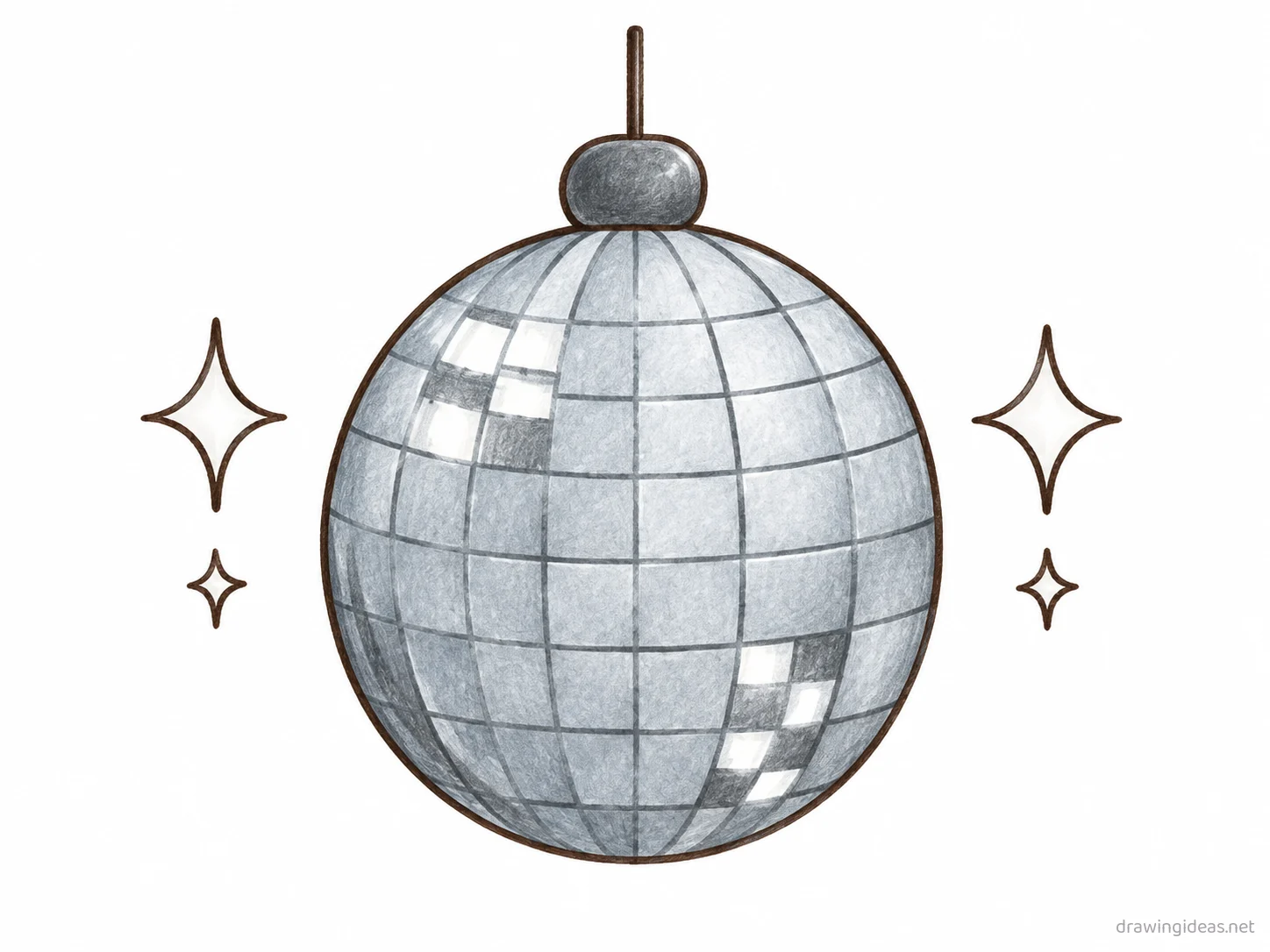 Disco Ball drawing — hand-drawn disco ball illustration with ink lines and soft colors
