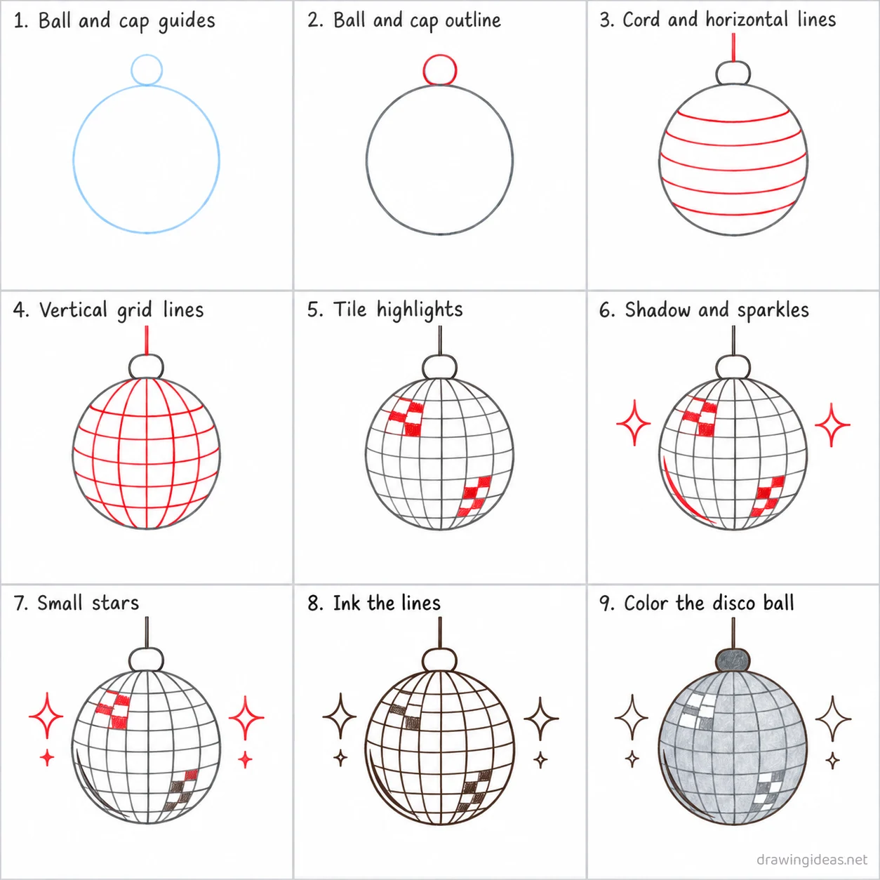 How to draw a disco ball step by step — 9-step disco ball drawing tutorial sheet