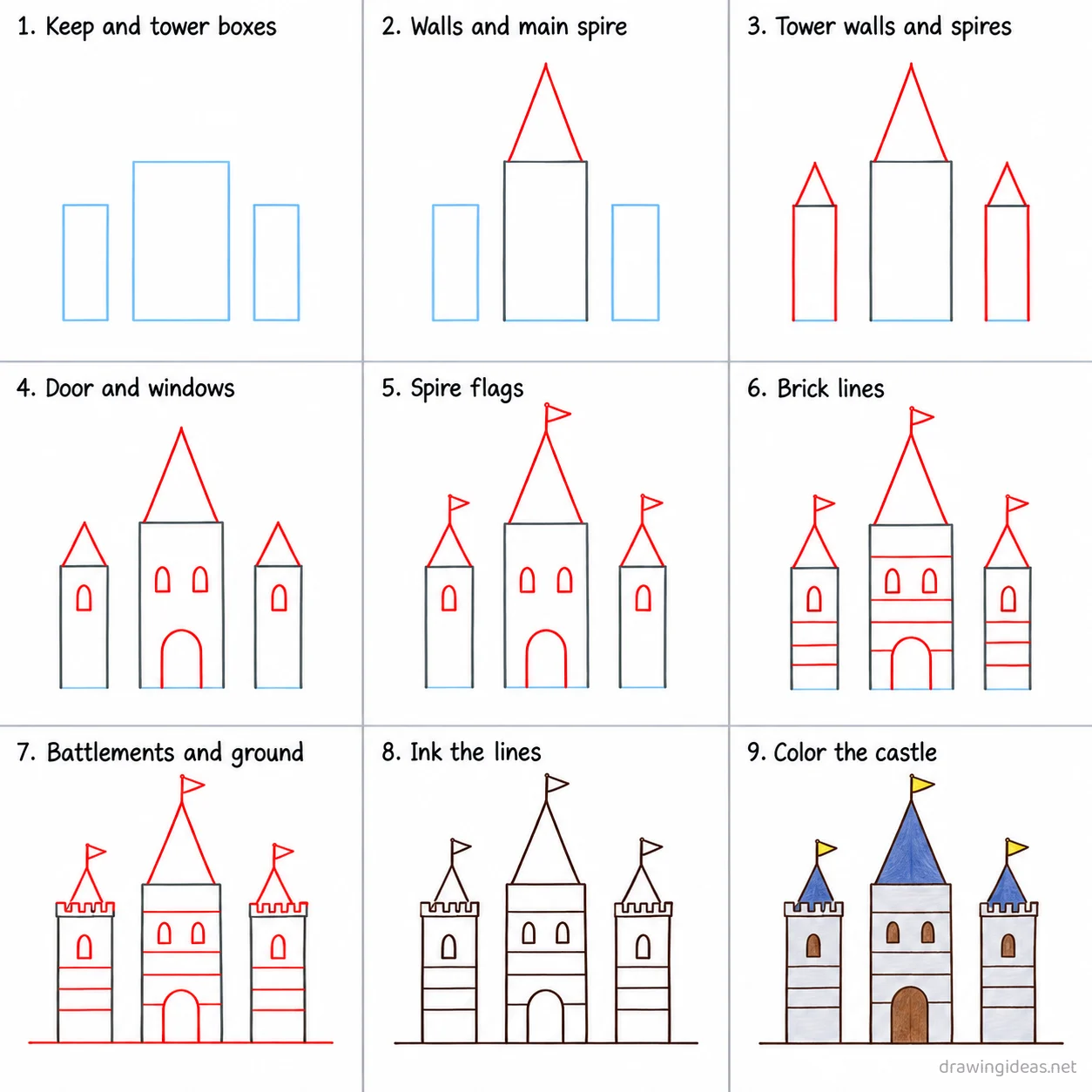 How to draw a Disney castle step by step — 9-step Disney castle drawing tutorial sheet