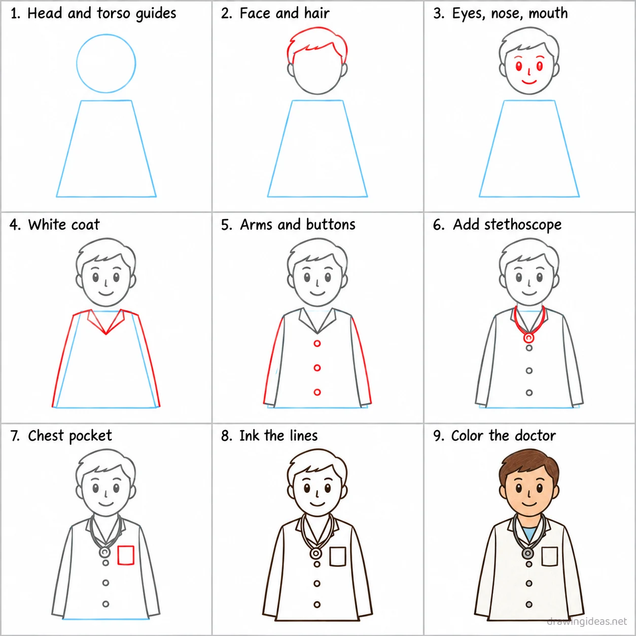 How to draw a doctor step by step — 9-step doctor drawing tutorial sheet