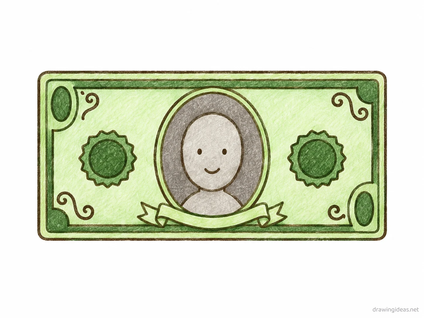 Dollar Bill drawing — hand-drawn dollar bill illustration with ink lines and soft colors