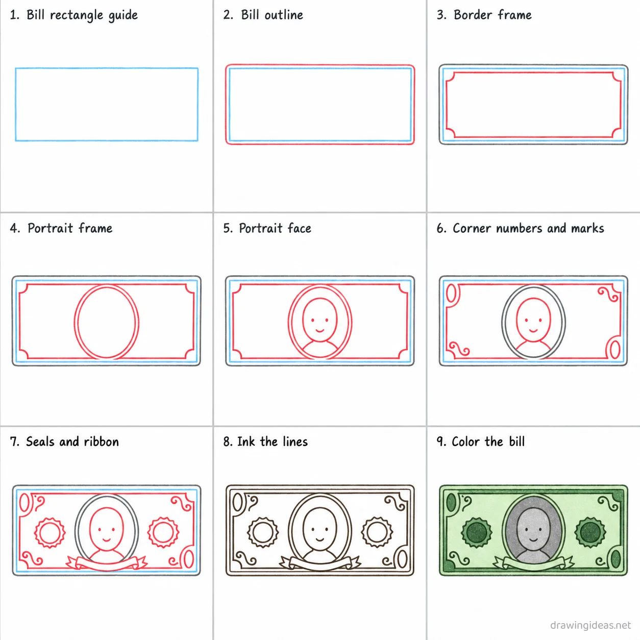 How to draw a dollar bill step by step — 9-step dollar bill drawing tutorial sheet