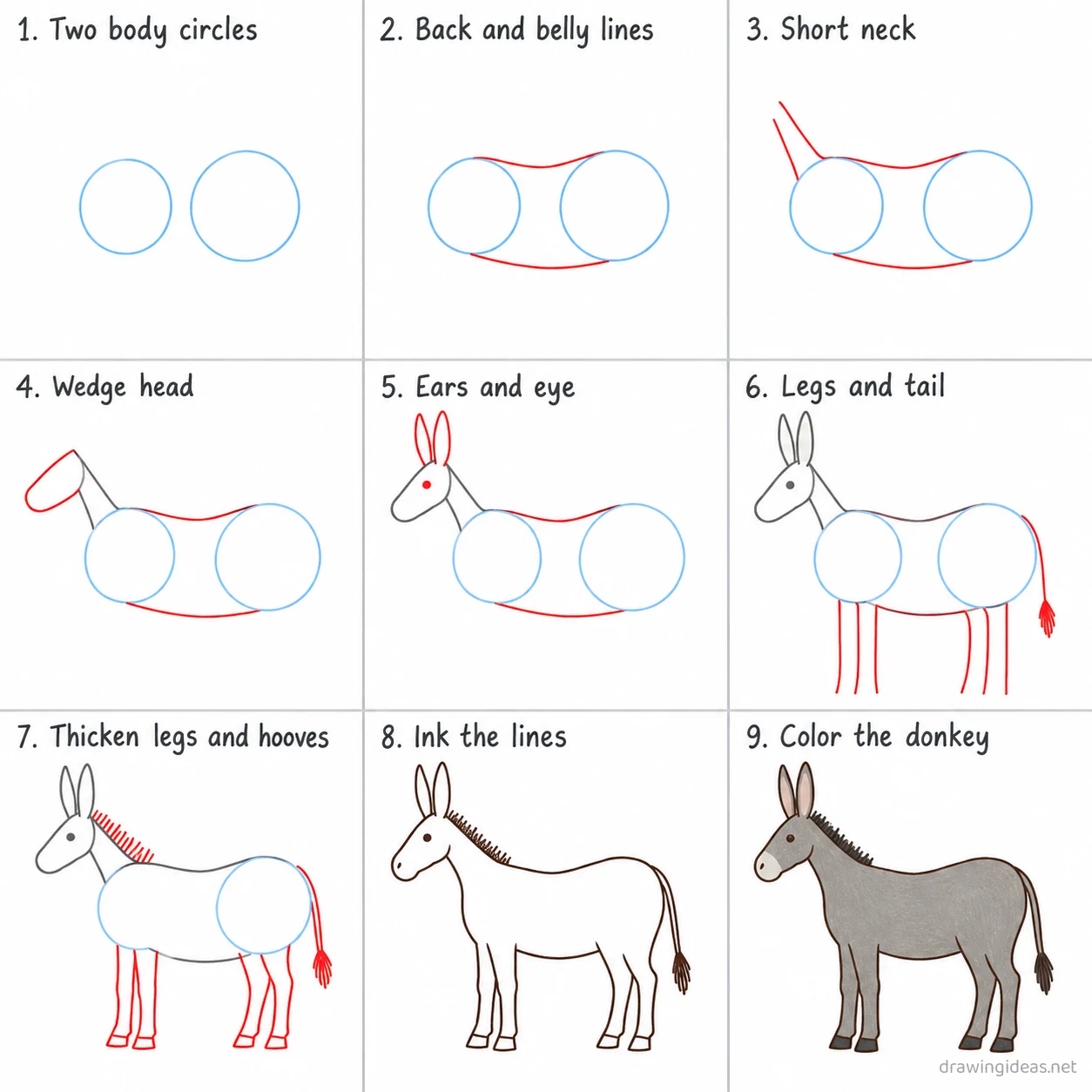 How to draw a donkey step by step — 9-step donkey drawing tutorial sheet