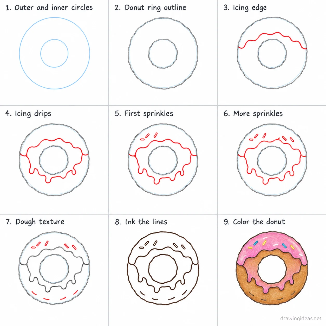 How to draw a donut step by step — 9-step donut drawing tutorial sheet
