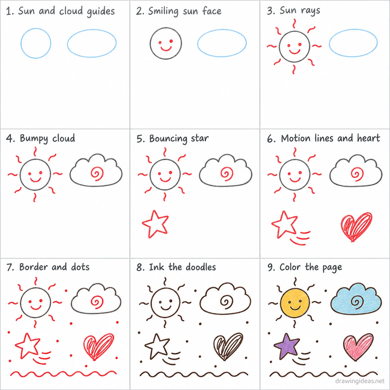How to draw a doodle step by step — 9-step doodle drawing tutorial sheet