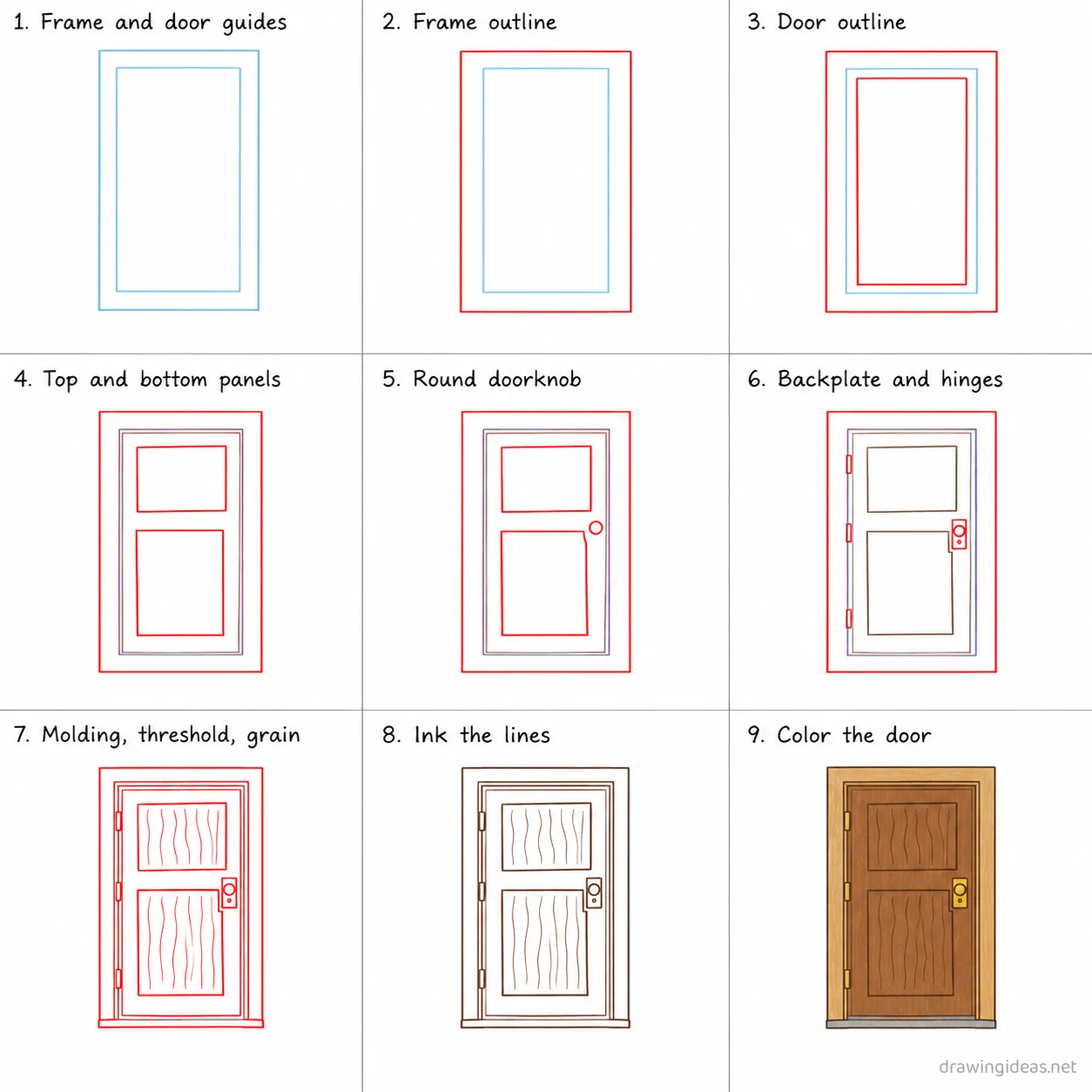 How to draw a door step by step — 9-step door drawing tutorial sheet