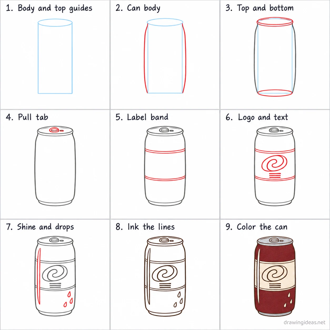 How to draw Dr Pepper step by step — 9-step Dr Pepper drawing tutorial sheet
