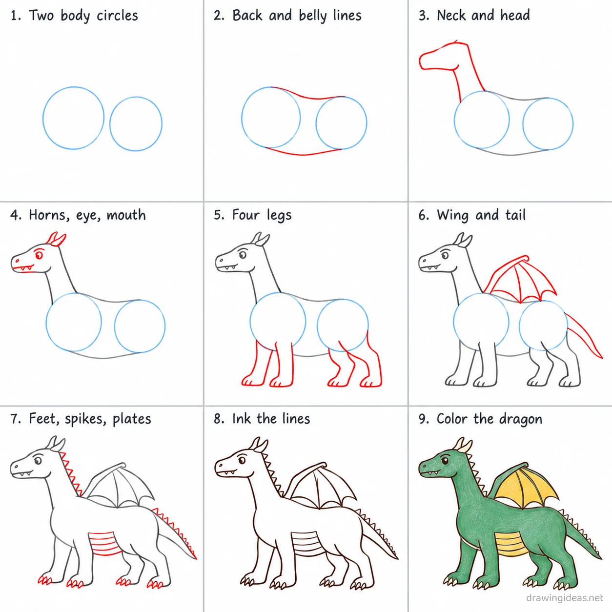 How to draw a dragon step by step — 9-step dragon drawing tutorial sheet