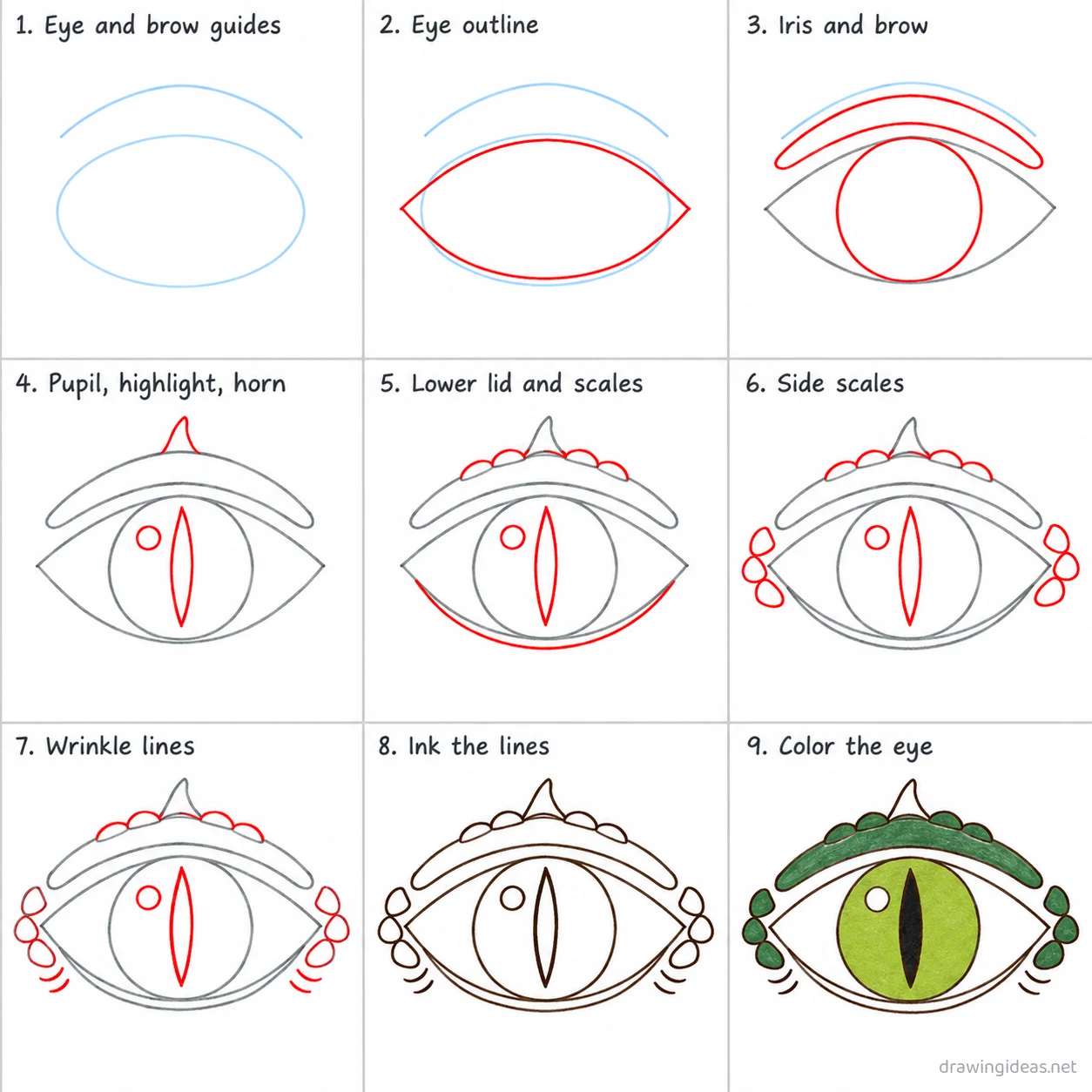 How to draw a dragon eye step by step — 9-step dragon eye drawing tutorial sheet