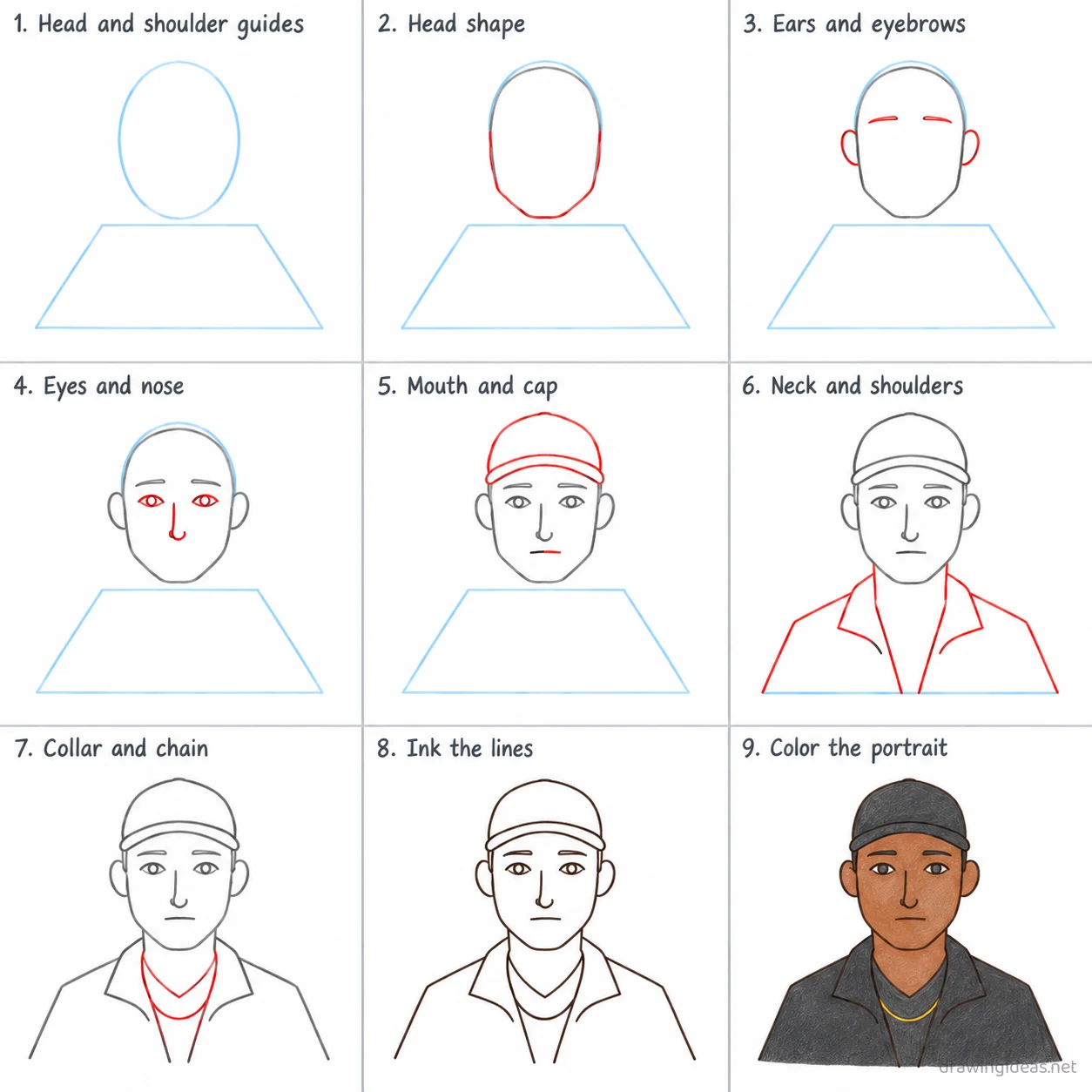 How to draw Drake step by step — 9-step Drake drawing tutorial sheet