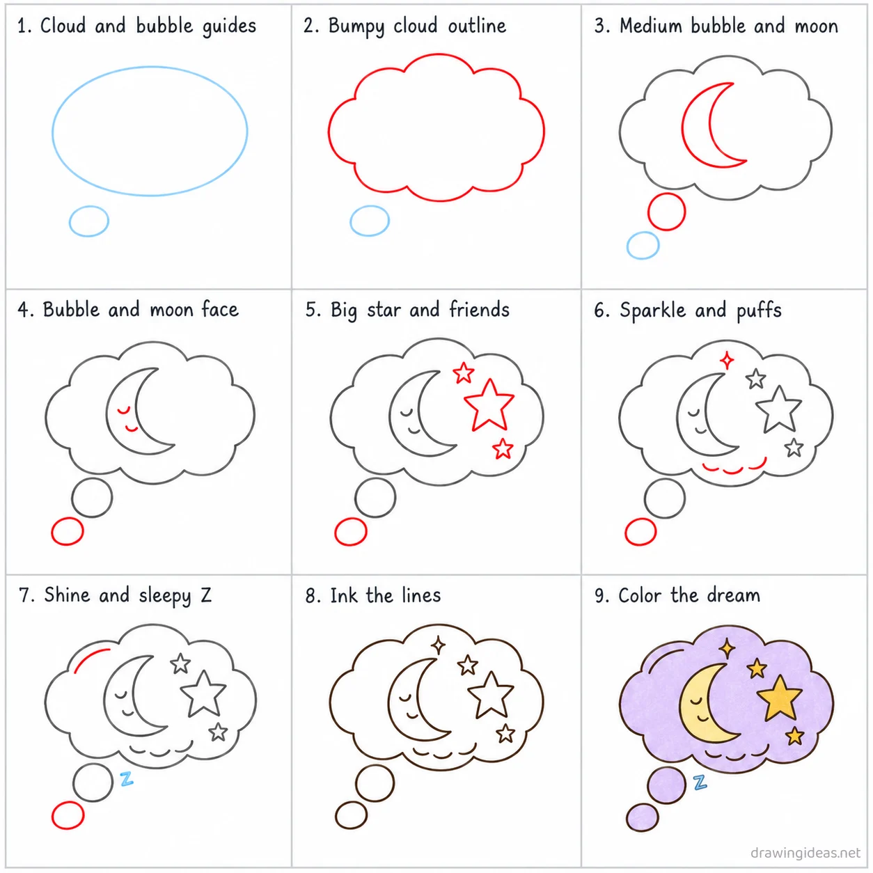 How to draw a dream step by step — 9-step dream drawing tutorial sheet
