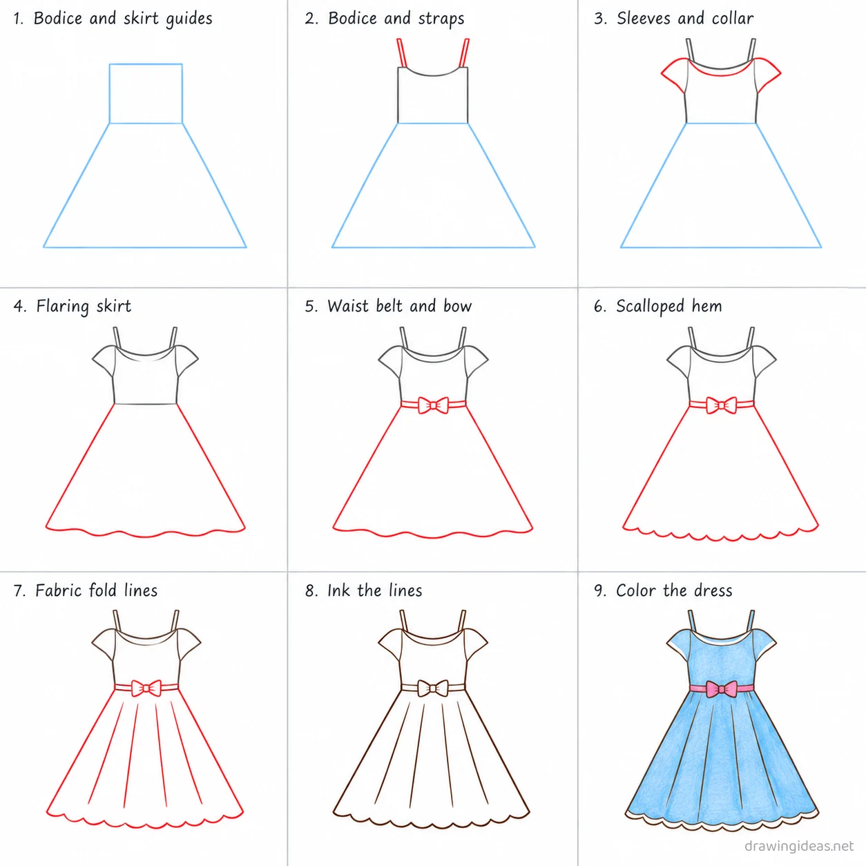 How to draw a dress step by step — 9-step dress drawing tutorial sheet