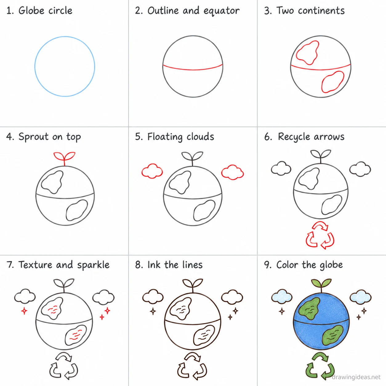 How to draw Earth Day step by step — 9-step Earth Day drawing tutorial sheet