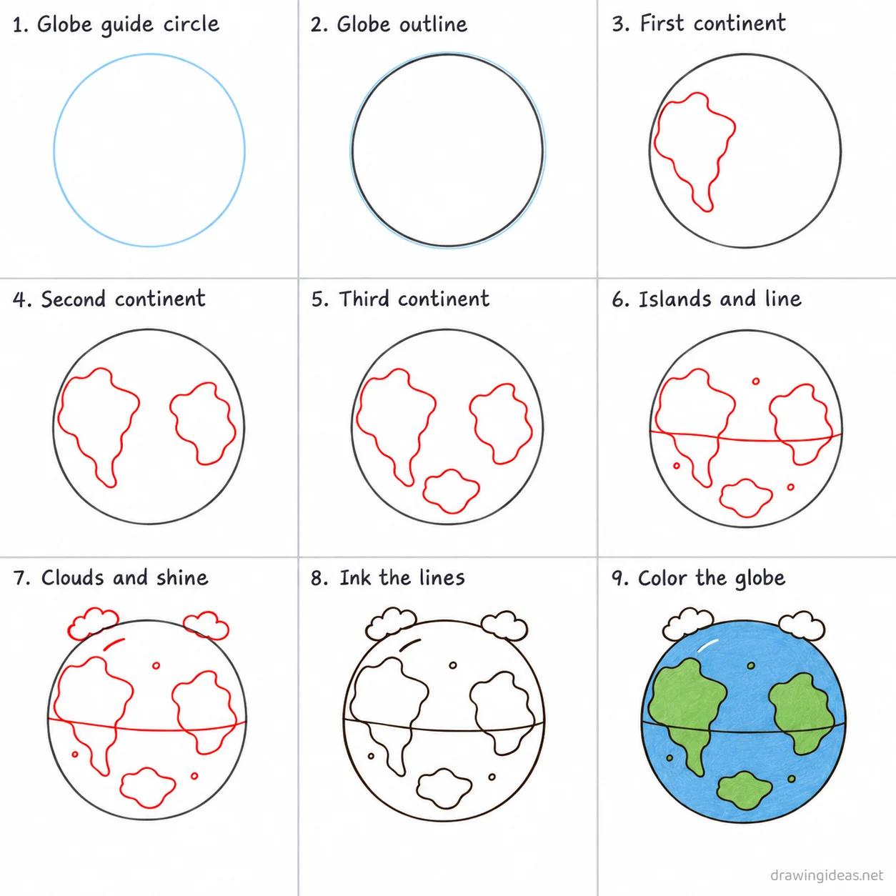 How to draw the Earth step by step — 9-step Earth drawing tutorial sheet