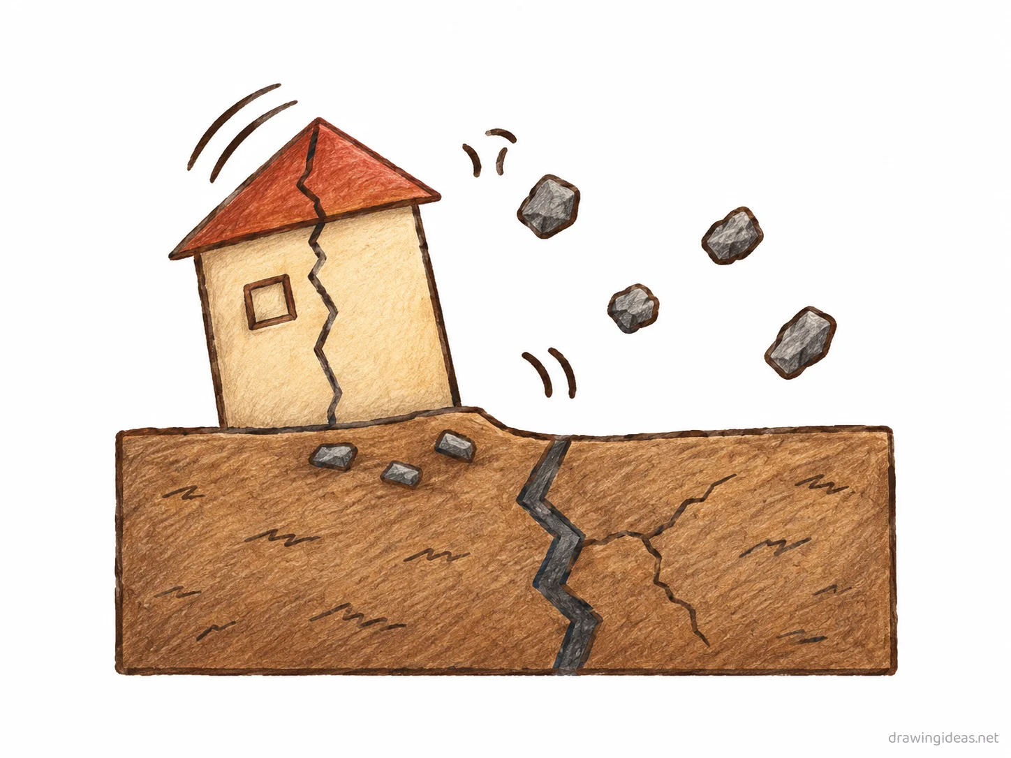 Earthquake drawing — hand-drawn earthquake illustration with ink lines and soft colors