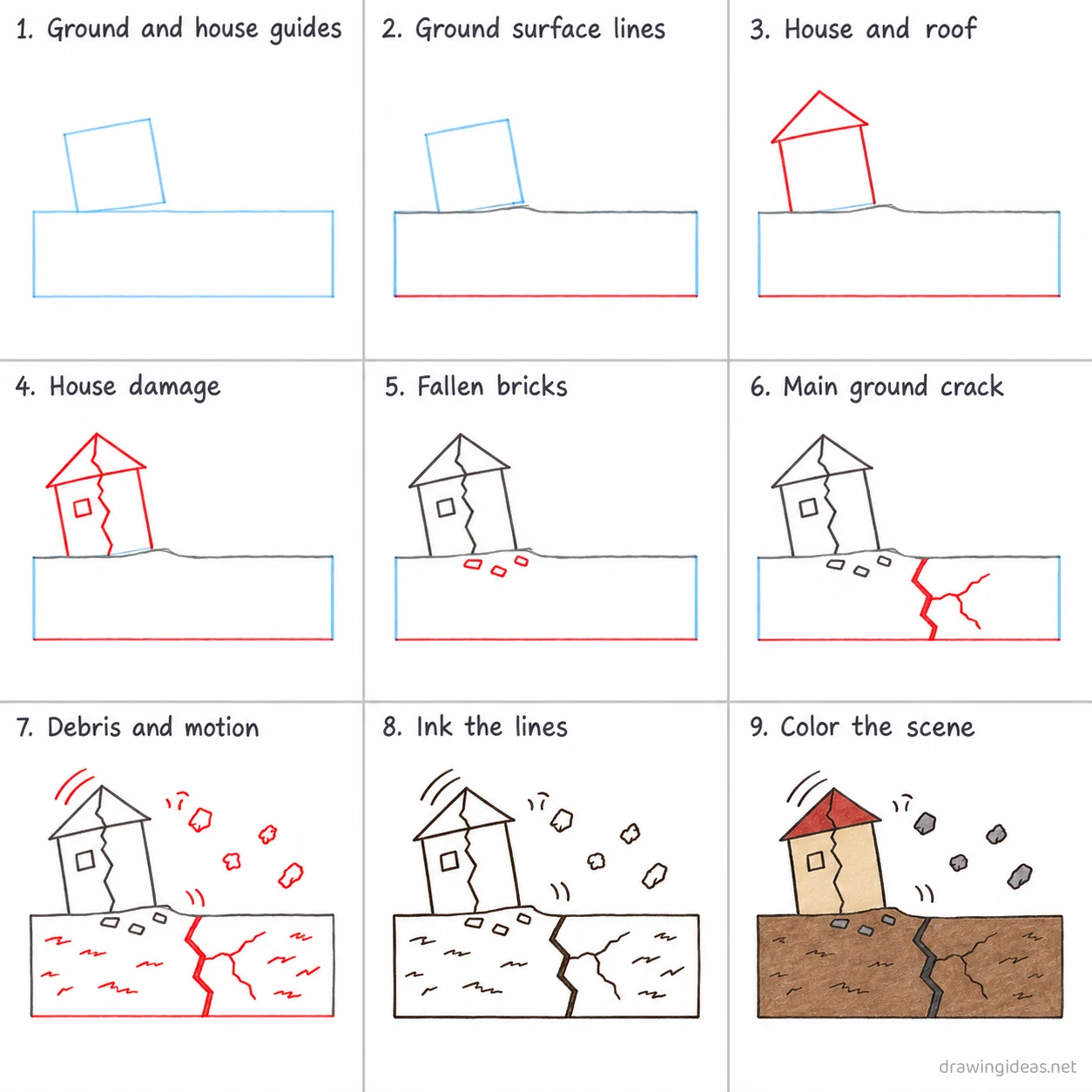 How to draw an earthquake step by step — 9-step earthquake drawing tutorial sheet