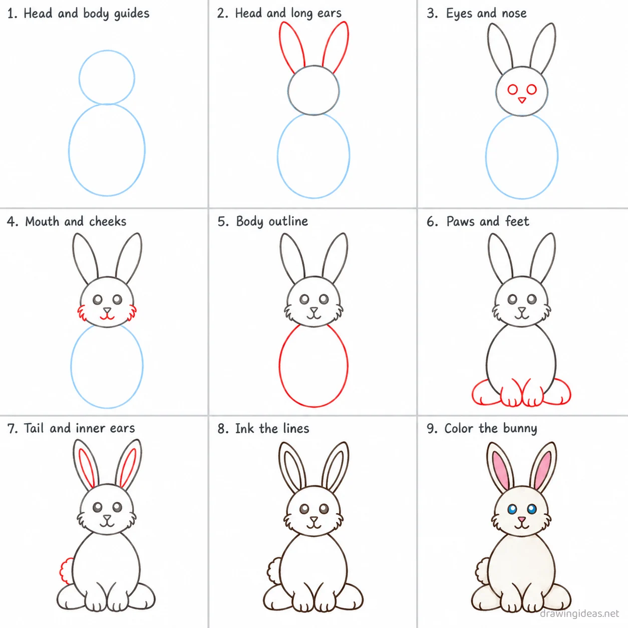 How to draw an Easter bunny step by step — 9-step Easter bunny drawing tutorial sheet
