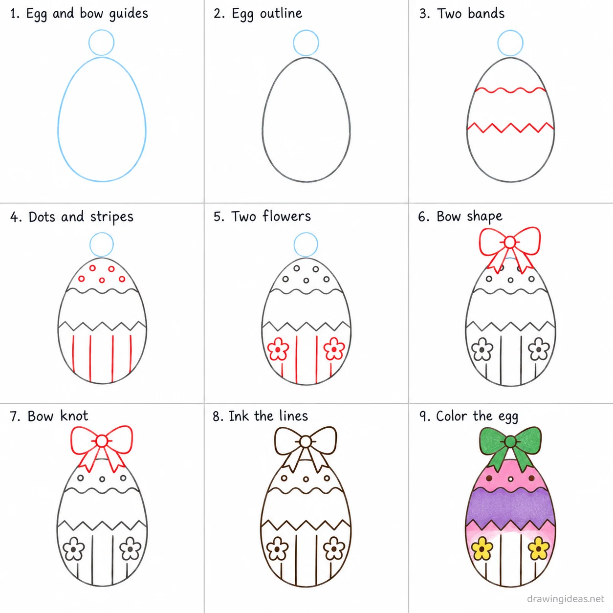 How to draw Easter step by step — 9-step Easter drawing tutorial sheet