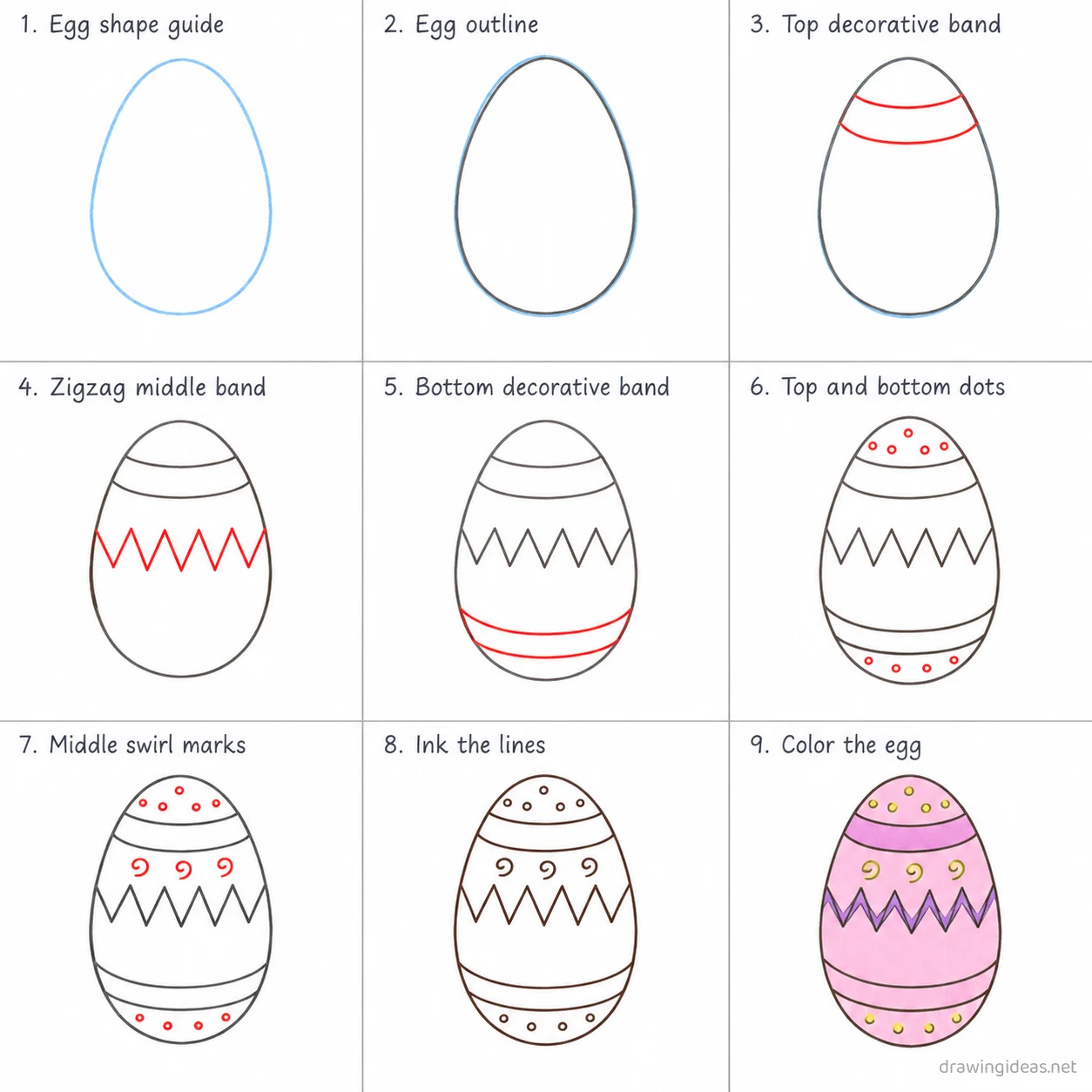 How to draw an Easter egg step by step — 9-step Easter egg drawing tutorial sheet