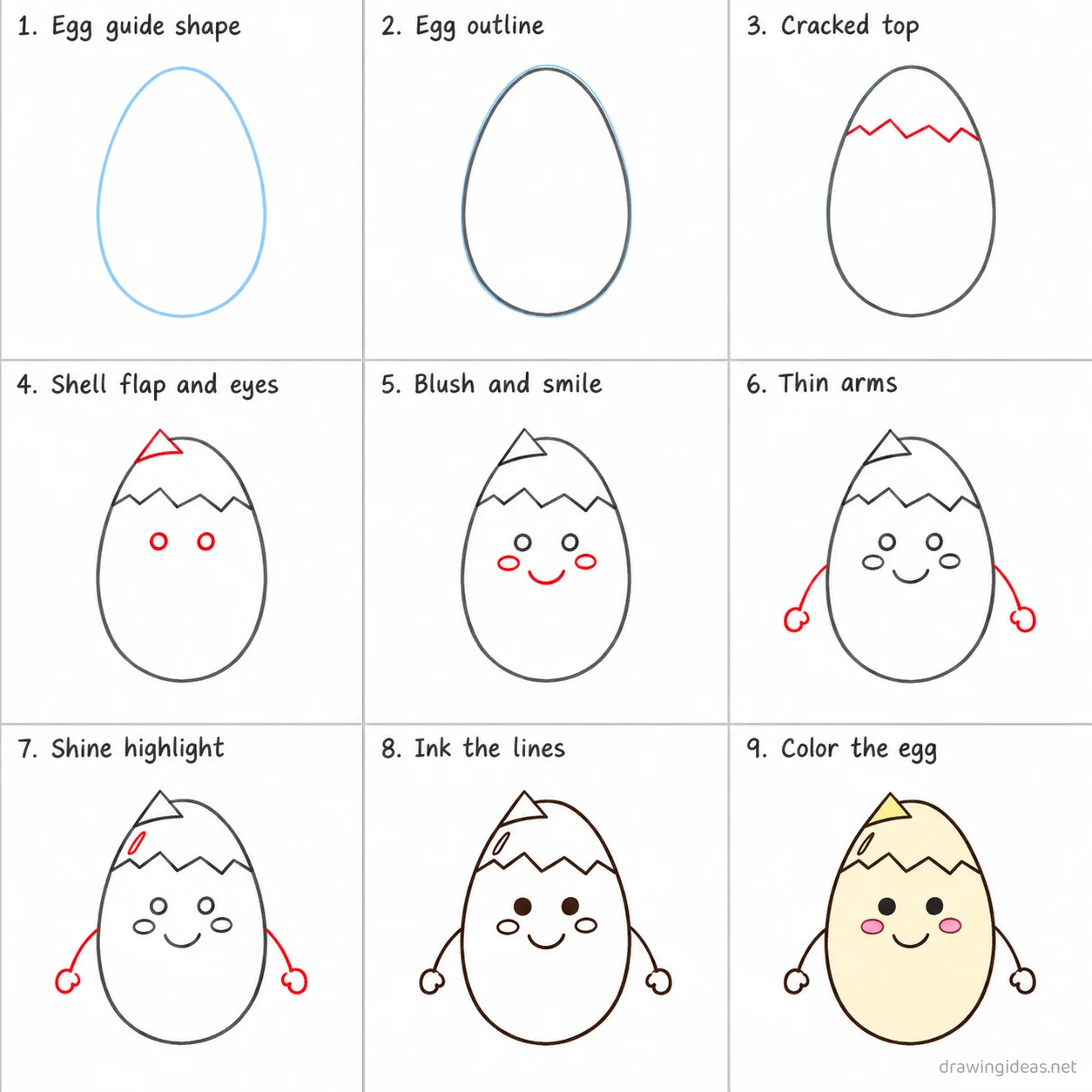 How to draw an egg step by step — 9-step egg drawing tutorial sheet