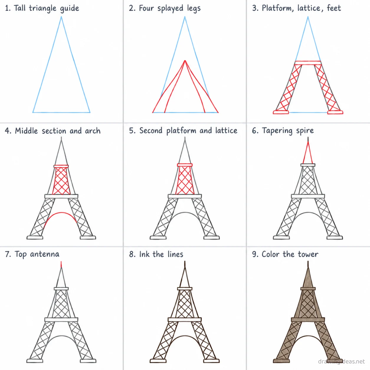 How to draw the Eiffel Tower step by step — 9-step Eiffel Tower drawing tutorial sheet