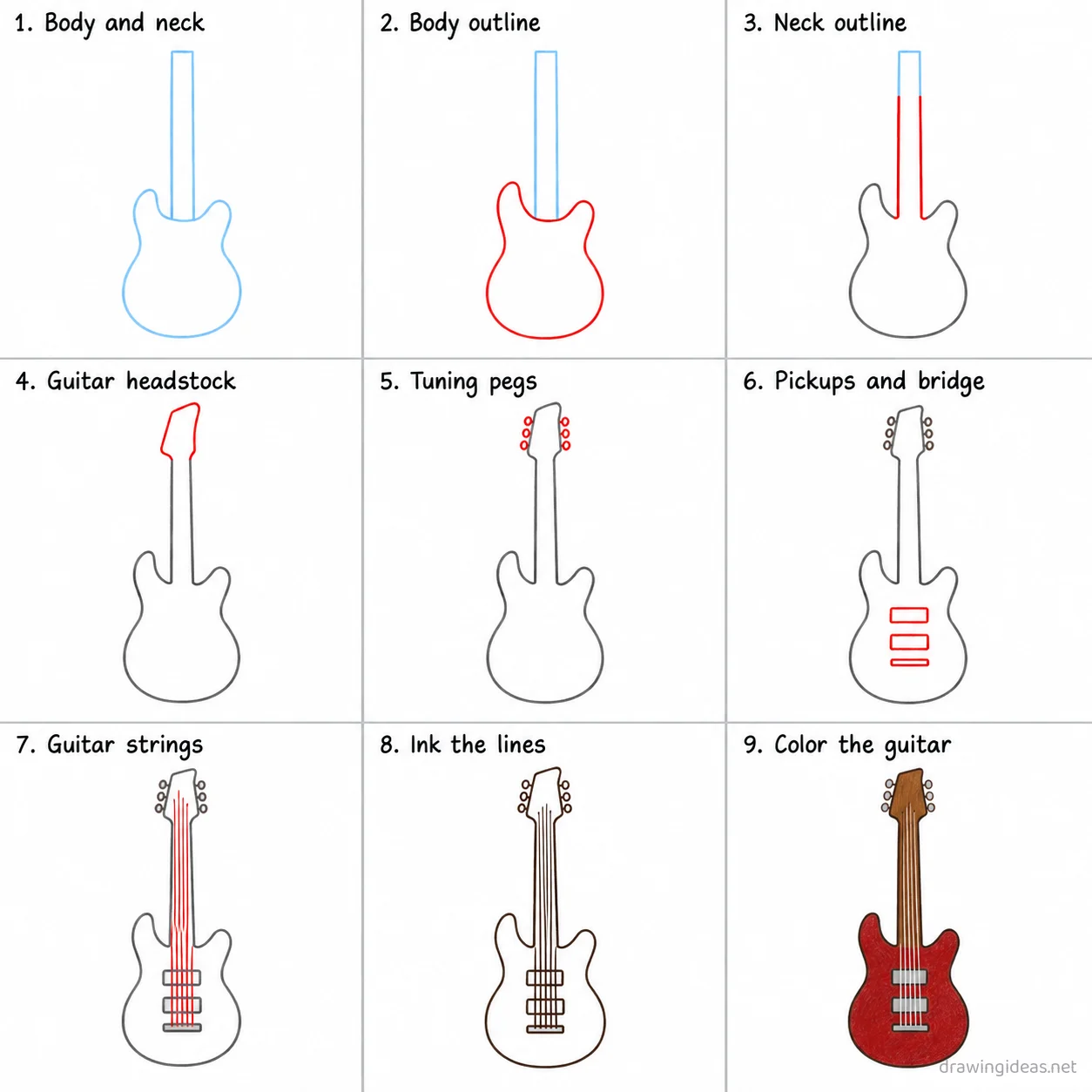 How to draw an electric guitar step by step — 9-step electric guitar drawing tutorial sheet