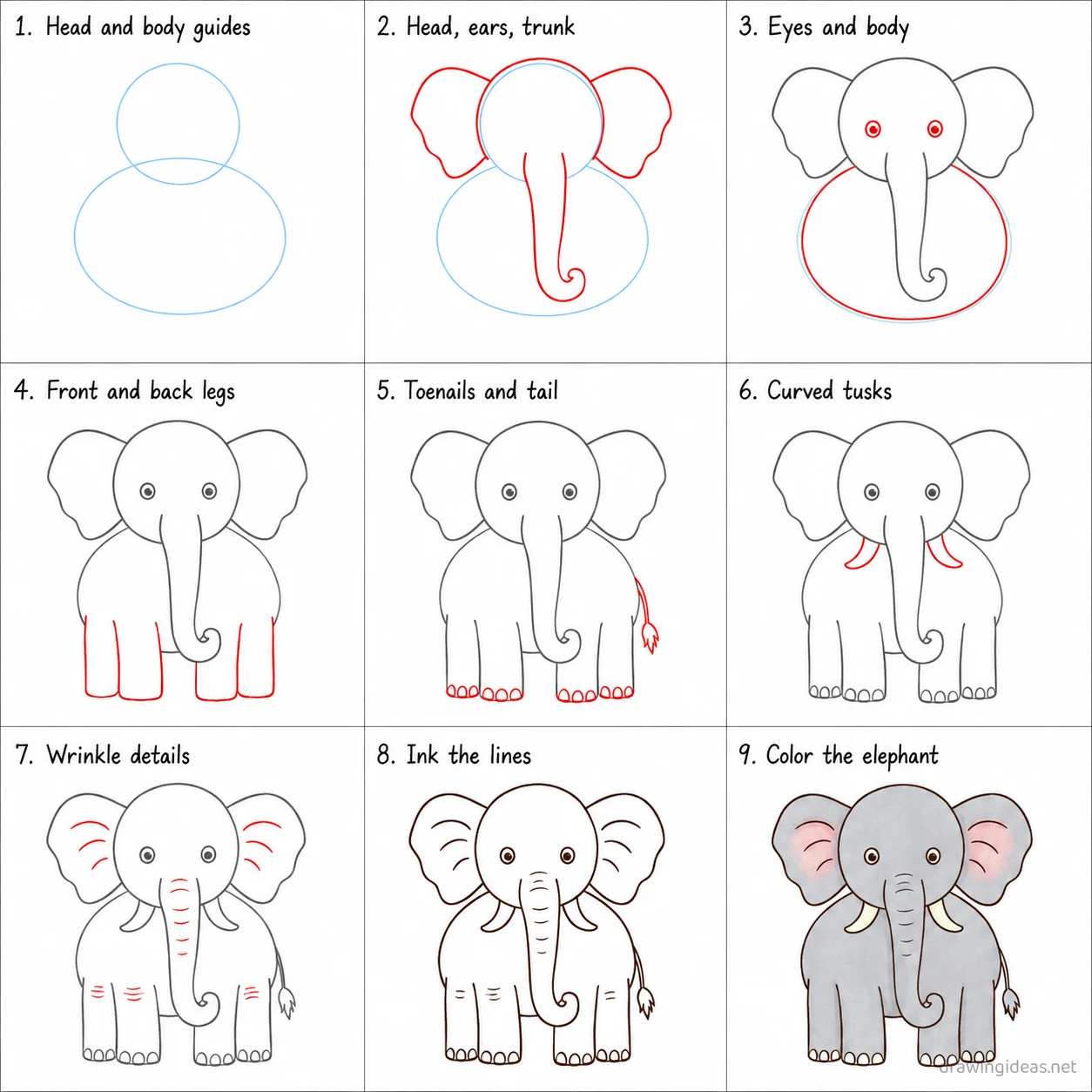 How to draw an elephant step by step — 9-step elephant drawing tutorial sheet