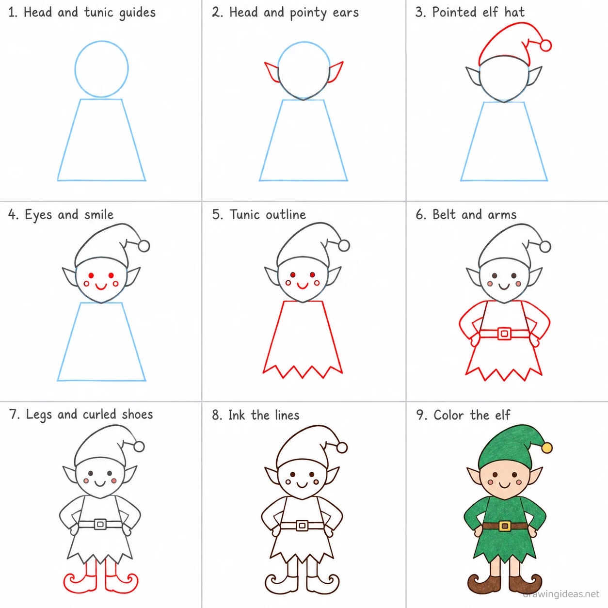 How to draw an elf step by step — 9-step elf drawing tutorial sheet