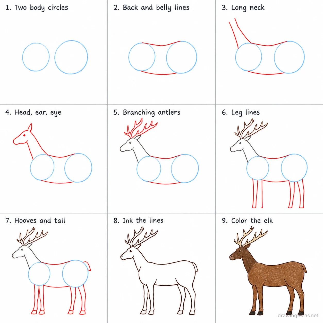 How to draw an elk step by step — 9-step elk drawing tutorial sheet