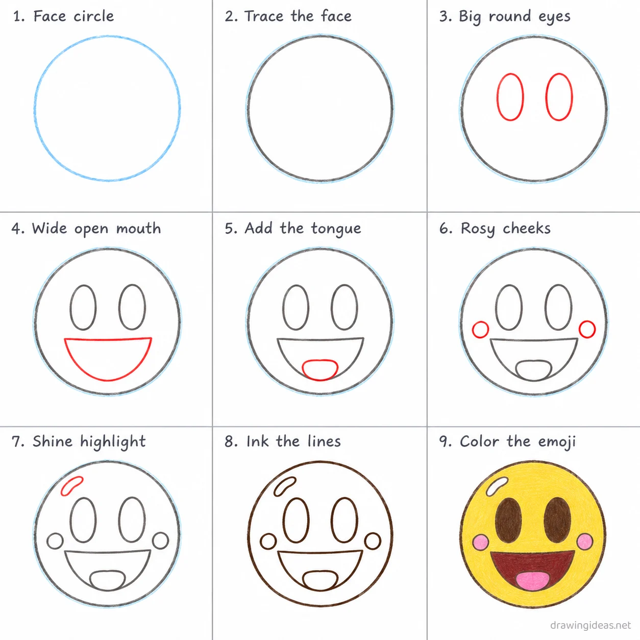 How to draw an emoji step by step — 9-step emoji drawing tutorial sheet