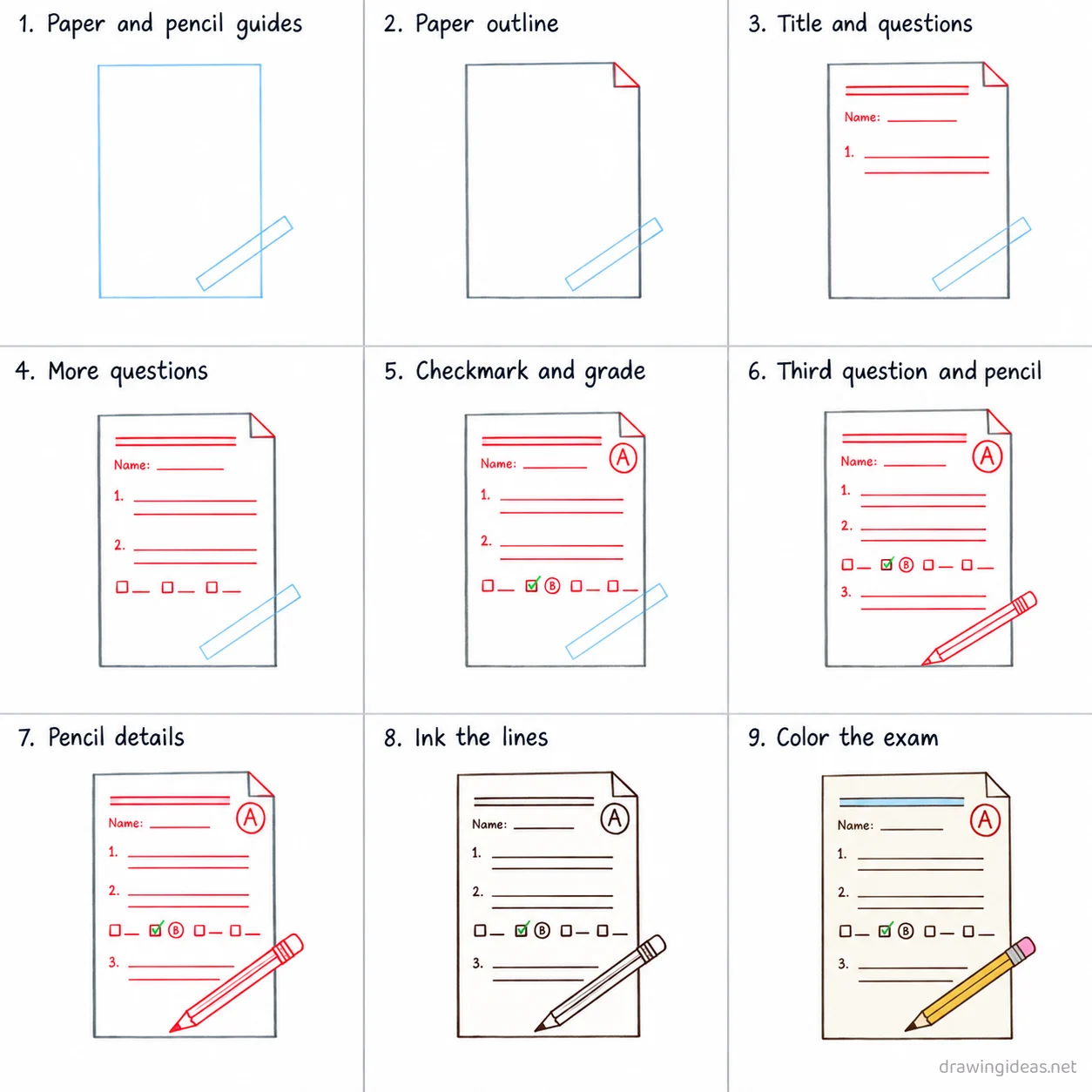 How to draw an exam step by step — 9-step exam drawing tutorial sheet