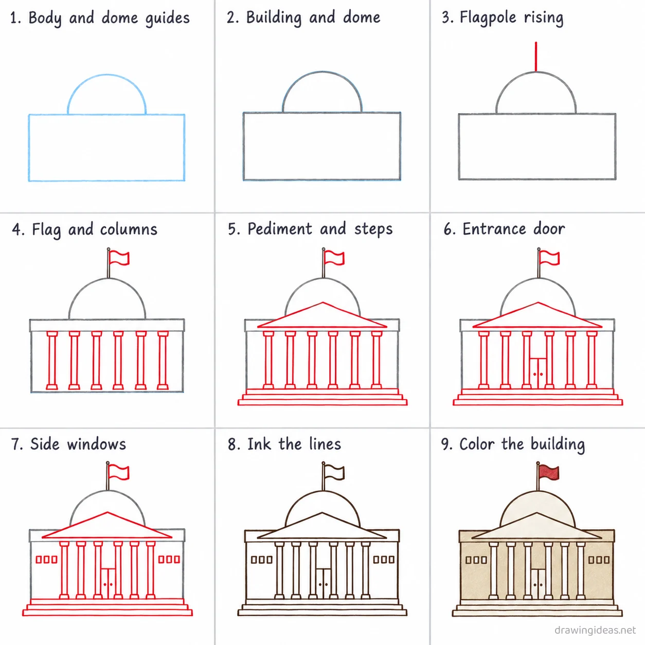 How to draw the Executive Branch step by step — 9-step Executive Branch drawing tutorial sheet