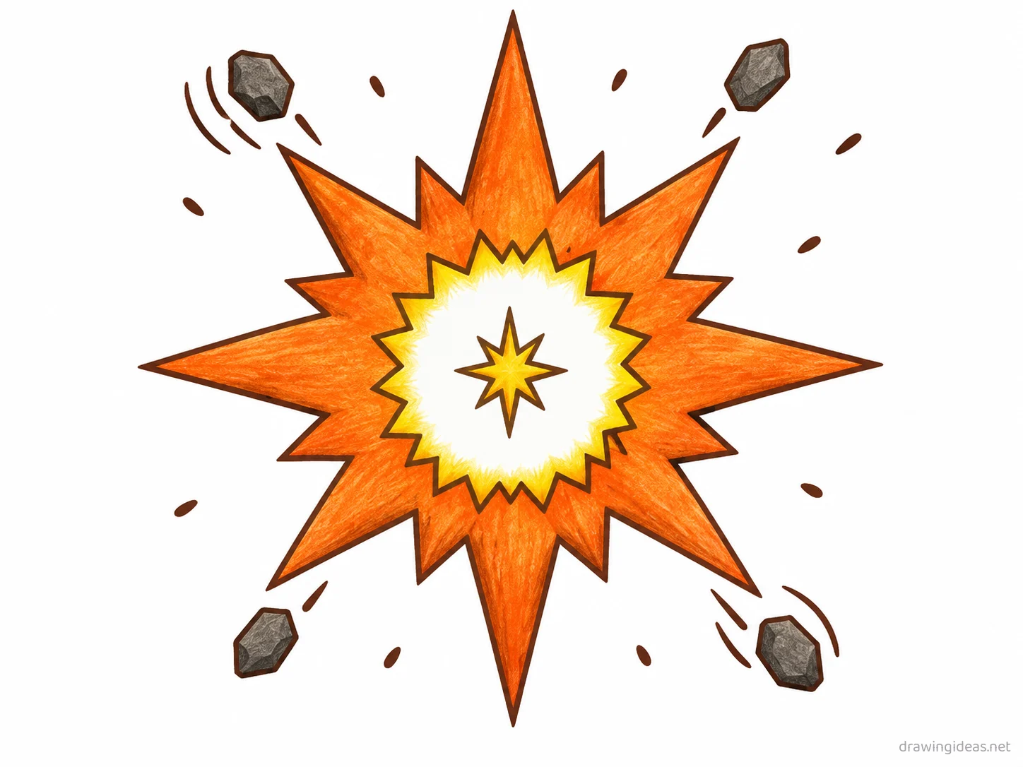 Explosion drawing — hand-drawn explosion illustration with ink lines and soft colors