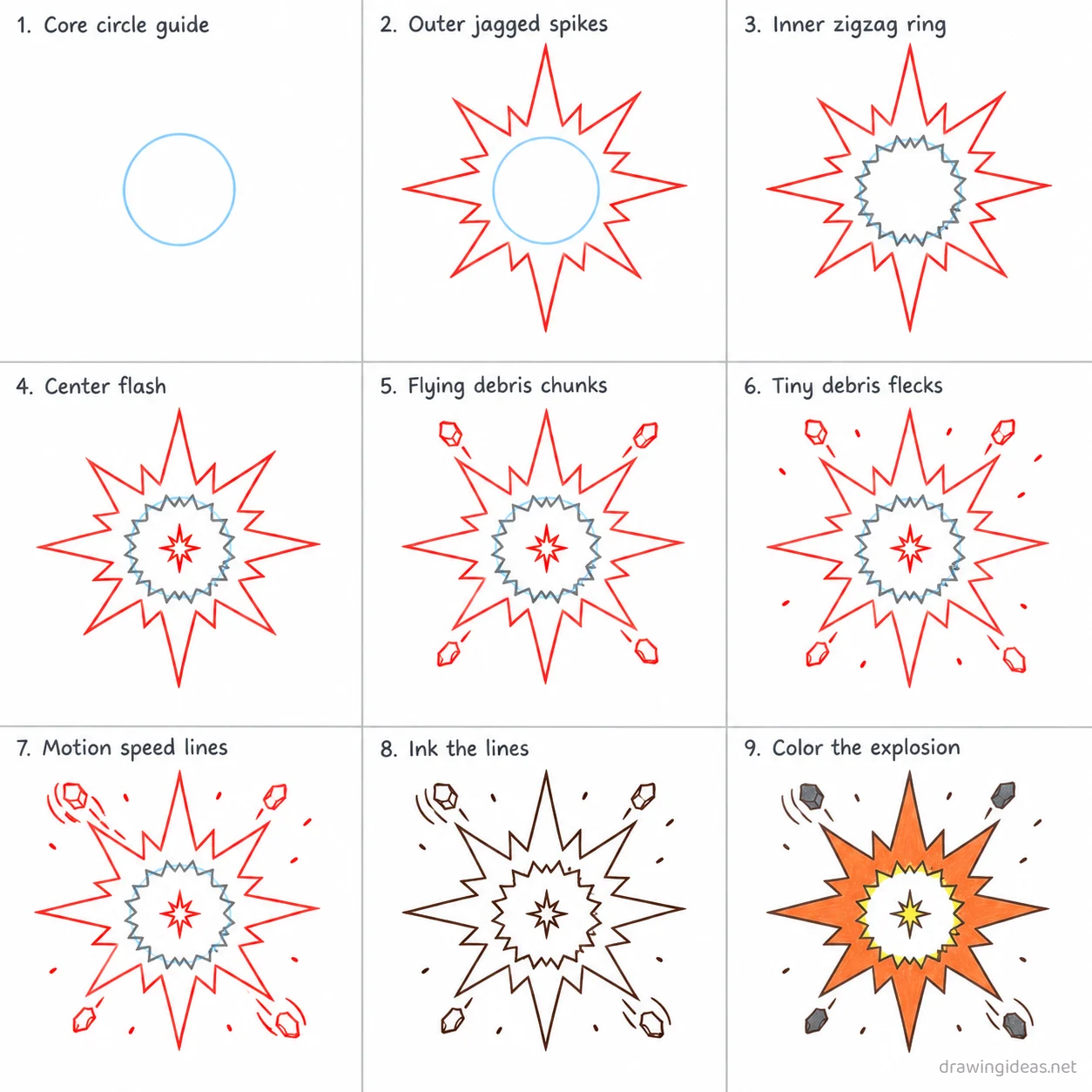 How to draw an explosion step by step — 9-step explosion drawing tutorial sheet
