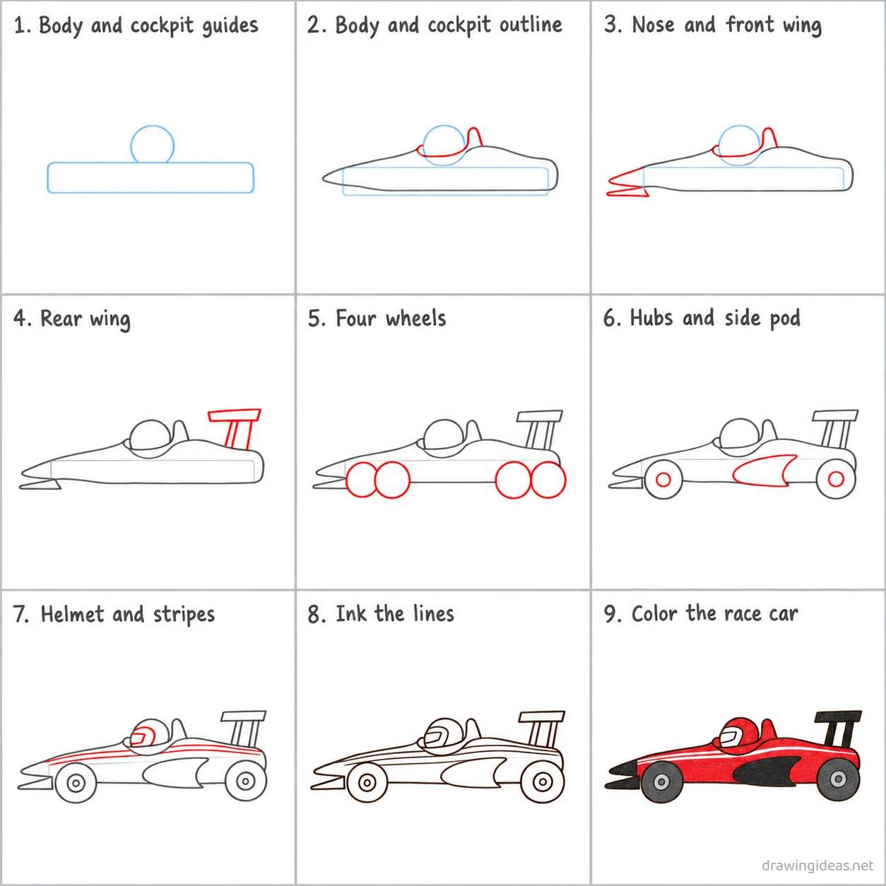 How to draw a f1 car step by step — 9-step f1 car drawing tutorial sheet