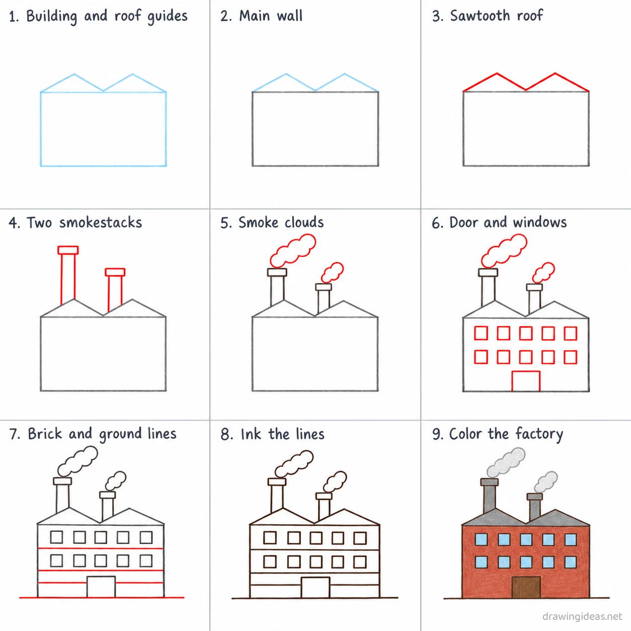 How to draw a factory step by step — 9-step factory drawing tutorial sheet