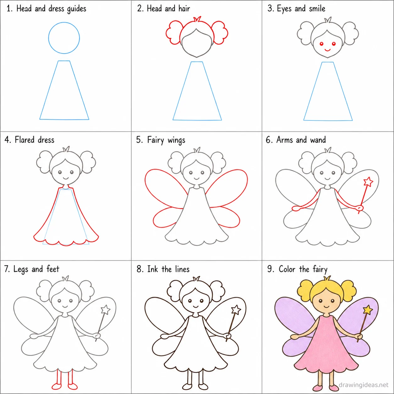 How to draw a fairy step by step — 9-step fairy drawing tutorial sheet