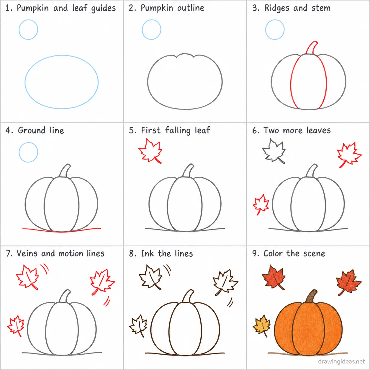 How to draw fall step by step — 9-step fall drawing tutorial sheet