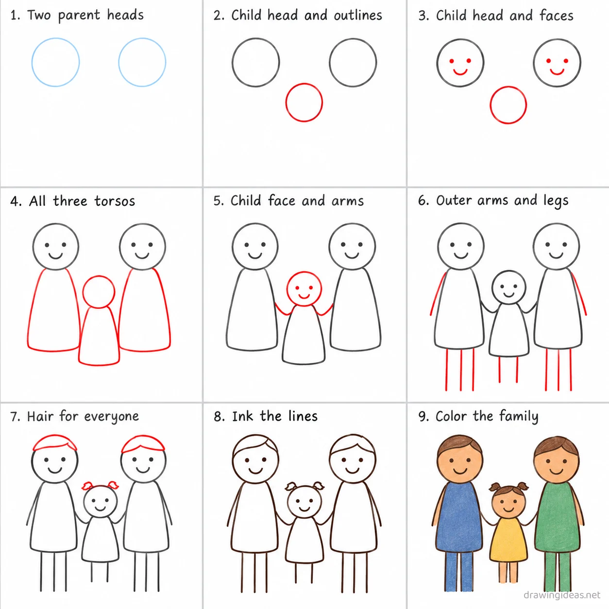 How to draw a family step by step — 9-step family drawing tutorial sheet