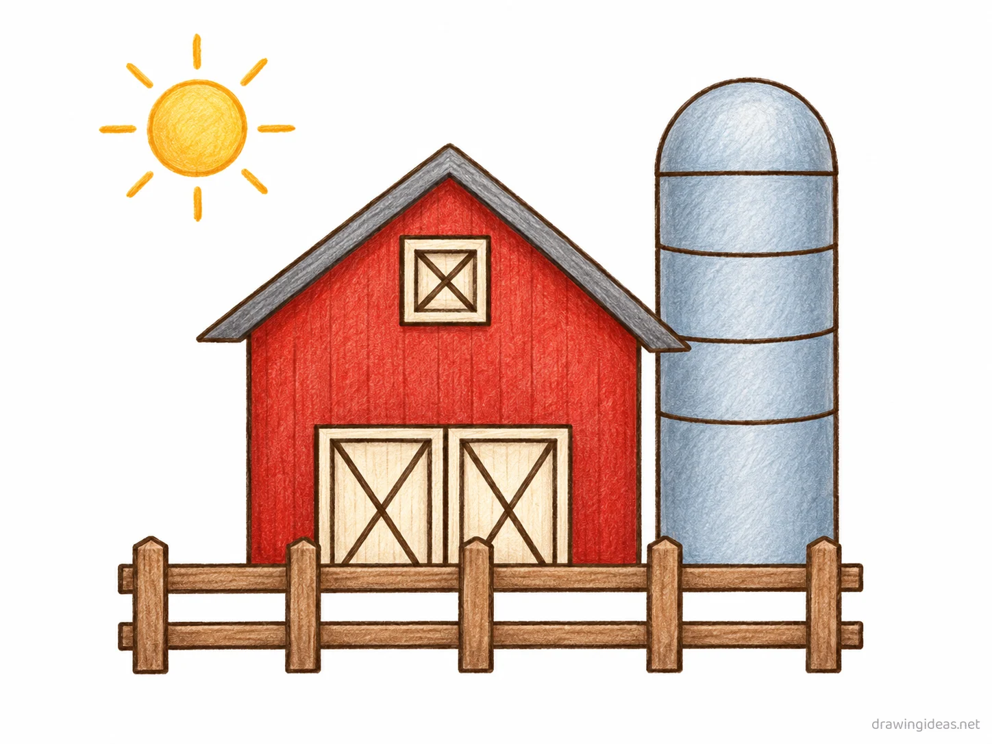 Farm drawing — hand-drawn farm illustration with ink lines and soft colors