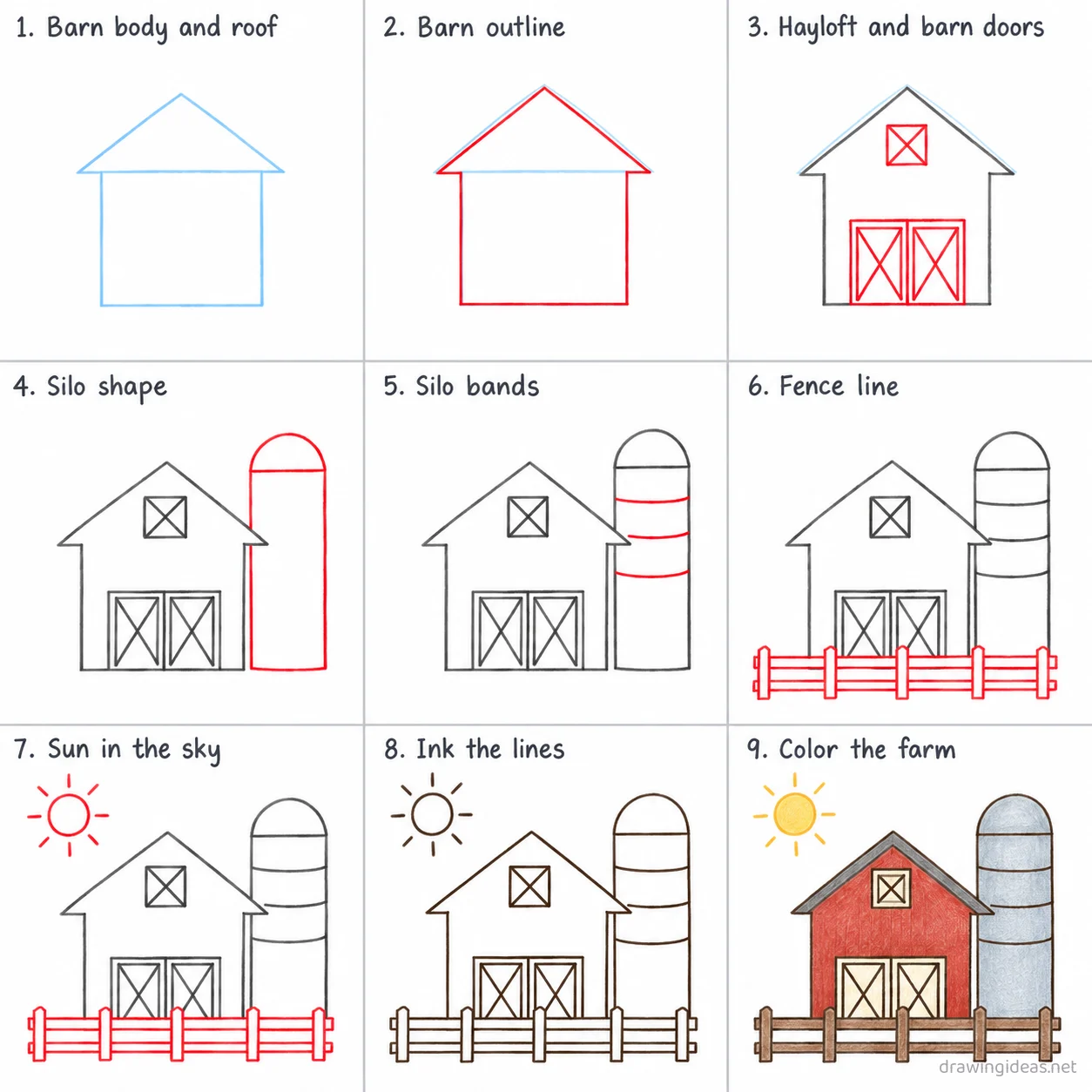 How to draw a farm step by step — 9-step farm drawing tutorial sheet